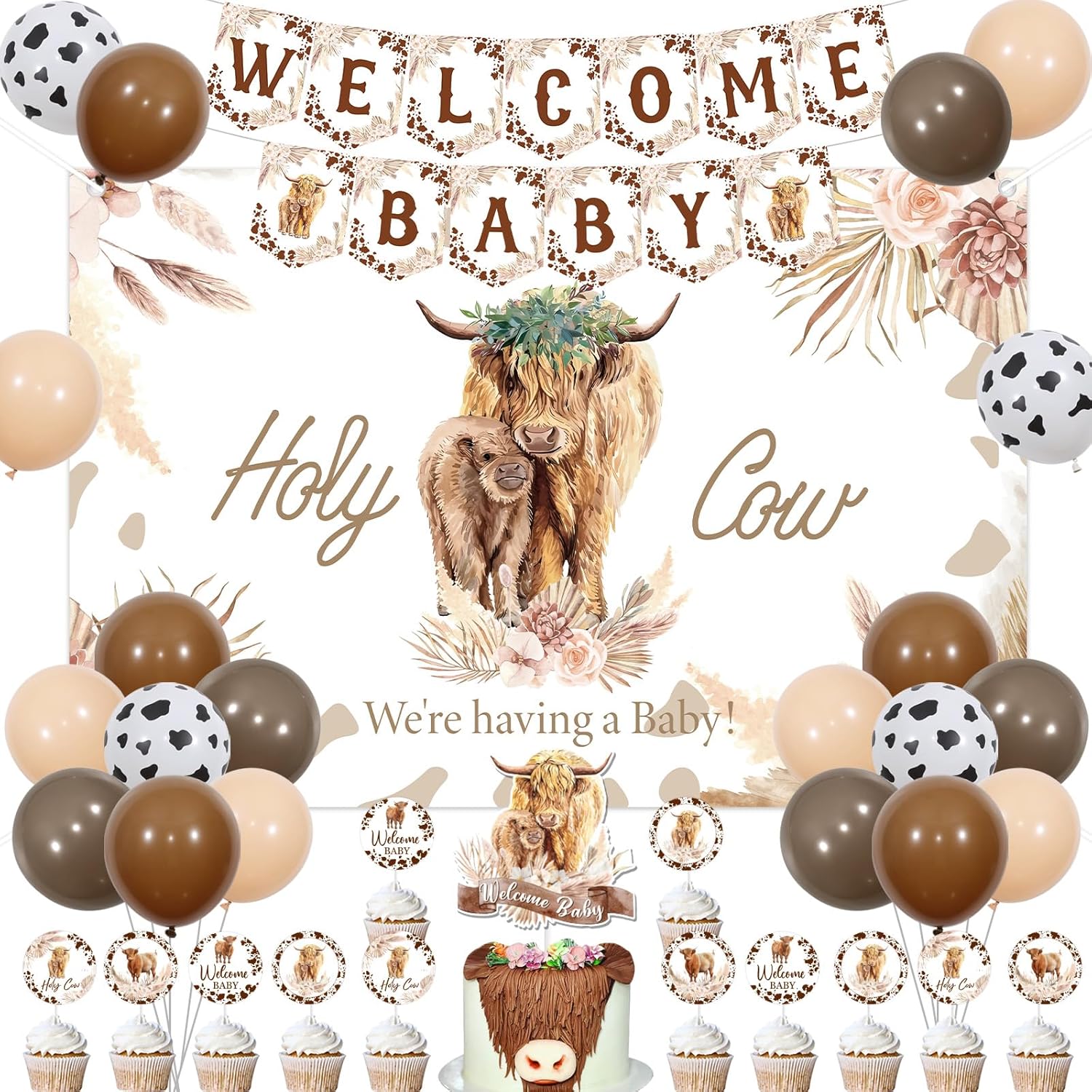 Brown Highland Cow Baby Shower Decorations for Boy, Holy Cow We are Having a Baby Backdrop Decor with Welcome Baby Print Banner Cake Topper, Farm Highland Cattle Baby Shower Party Supplies