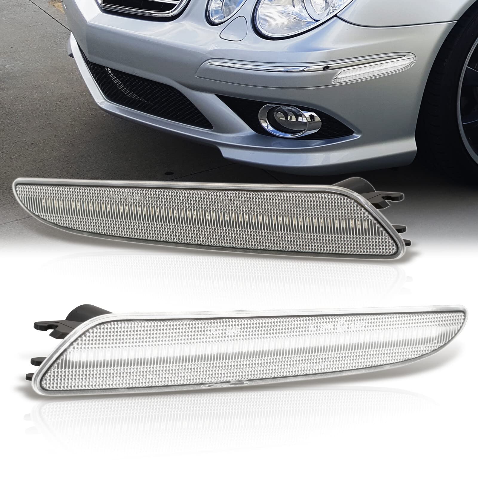 Clear Lens White LED Front Bumper Side Marker Lights Lamps Pair Signal Reflectors Compatible/Replacement For Mercedes-Benz E320 E350 E550 E63 AMG W211 E-Class 2007 2008 2009 07 08 09