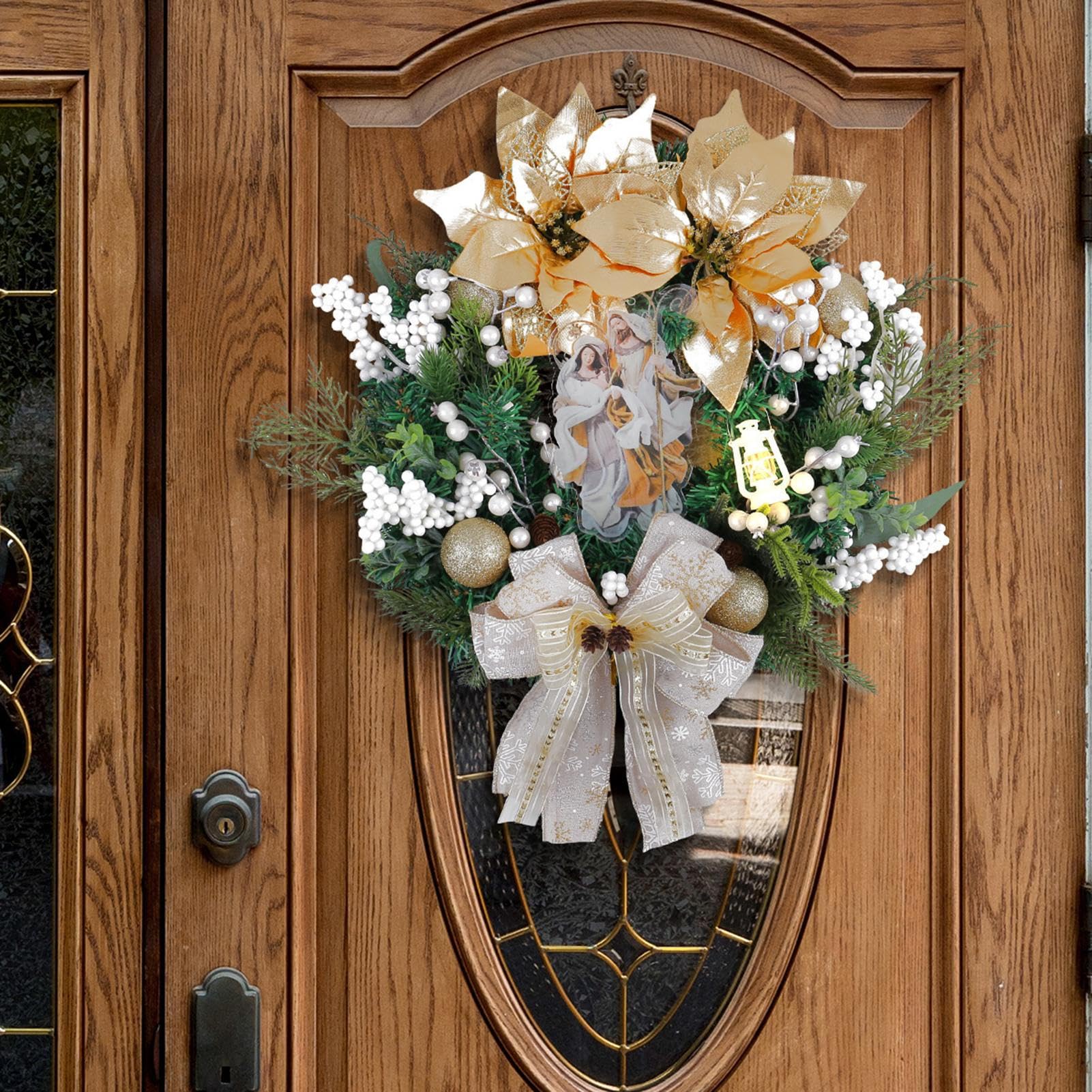 Coronas Navideñas para Puerta Principal Decoración De Pared Nacimiento | Corona Navideña Artificial Con Luces LED Para Porche Chimenea Cocina Salón Dormitorio Entrada Escuela Bodas Restaurante