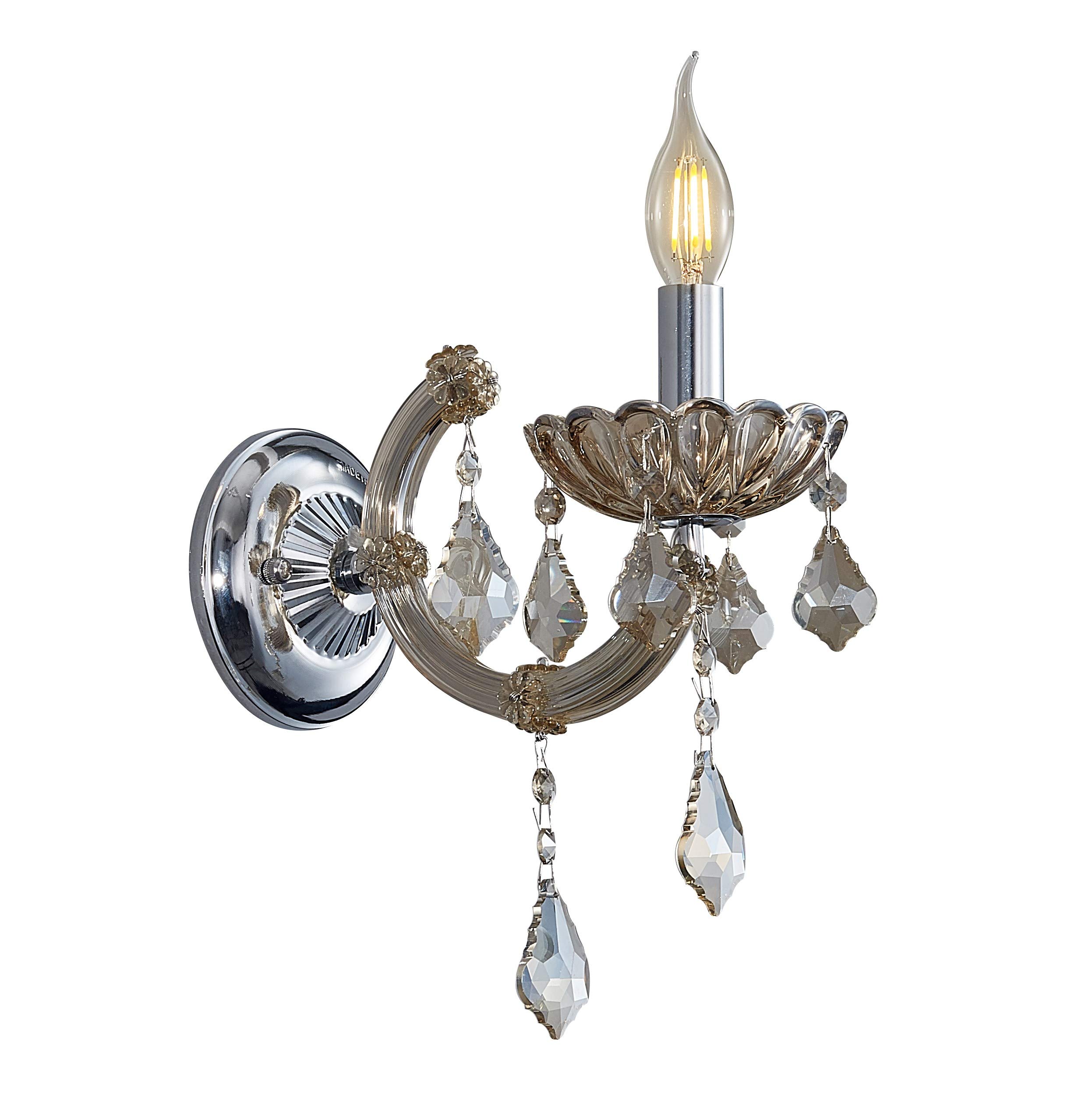 Am-Light One Candle Wall Light, with Elegant K9 Crystal Droplets for Bedroom, Living Room and Hallway… (Chrome and Champagne)