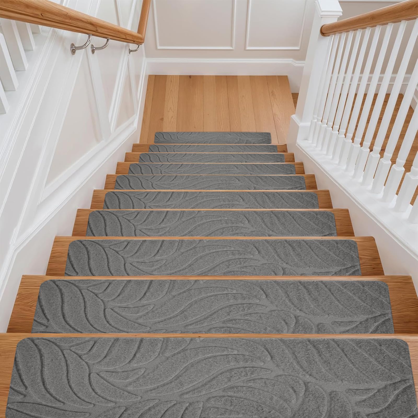M.J COMFY-LIFE Stair Tread Pads Stair Mats Carpet Non-slip Step Protectors Reusable Stair Runner Rugs Covers Stair Protection Mats for Home Indoor Pets Kids Elders (Grey-Leaf Print, 15pcs-55x19cm)