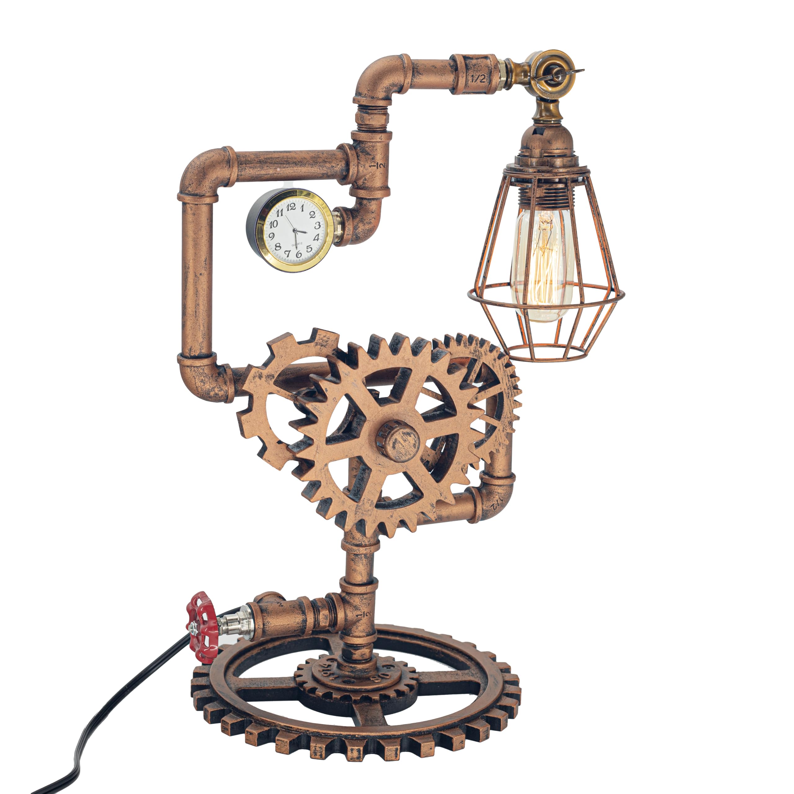 Photo 1 of Y-Nut Eclectic Copper Steampunk Pipe Table Lamp with 360° Adjustable Light & Clock (Cage Shade) QTF-BT06