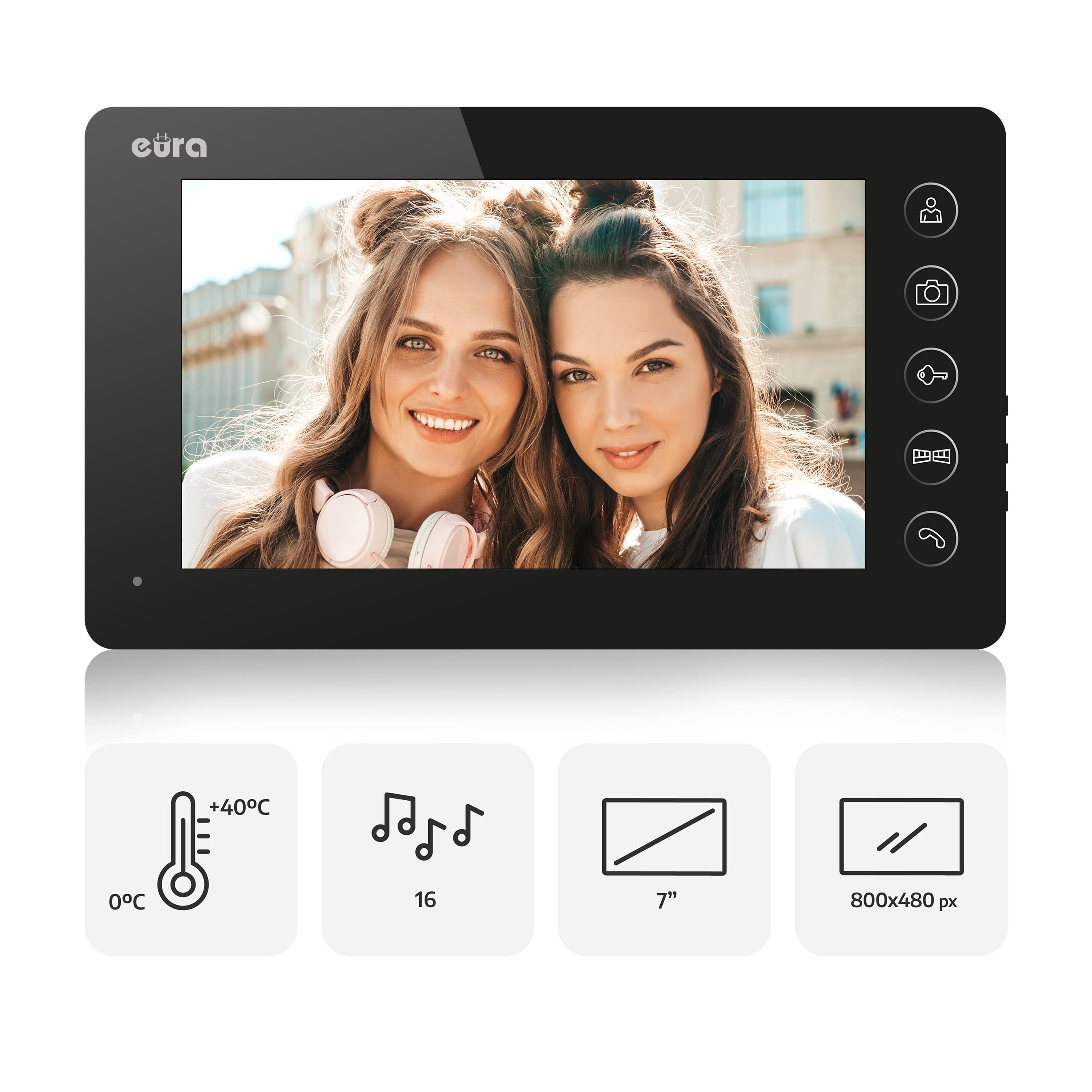 Interphone vidéo Eura VDP-76A3 Alpha interphone 4 fils, moniteur couleur 7 pouces, RFID, mémoire d'images, 2 entrées, Noir
