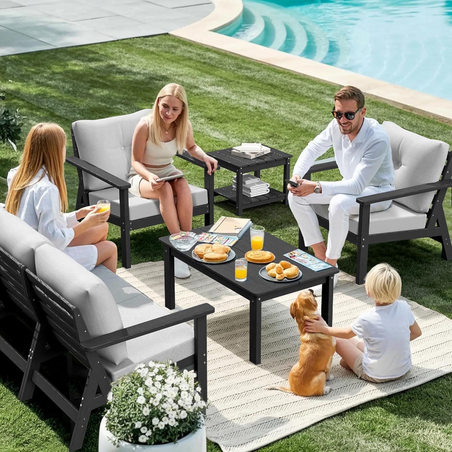 7-Piece HDPE Patio Furniture Set, Outdoor Sectional Sofa Set,All Weather Outdoor Couch with Dust-Free Cushions, Durable Patio Conversation Sets for Balcony, Porch, Black
