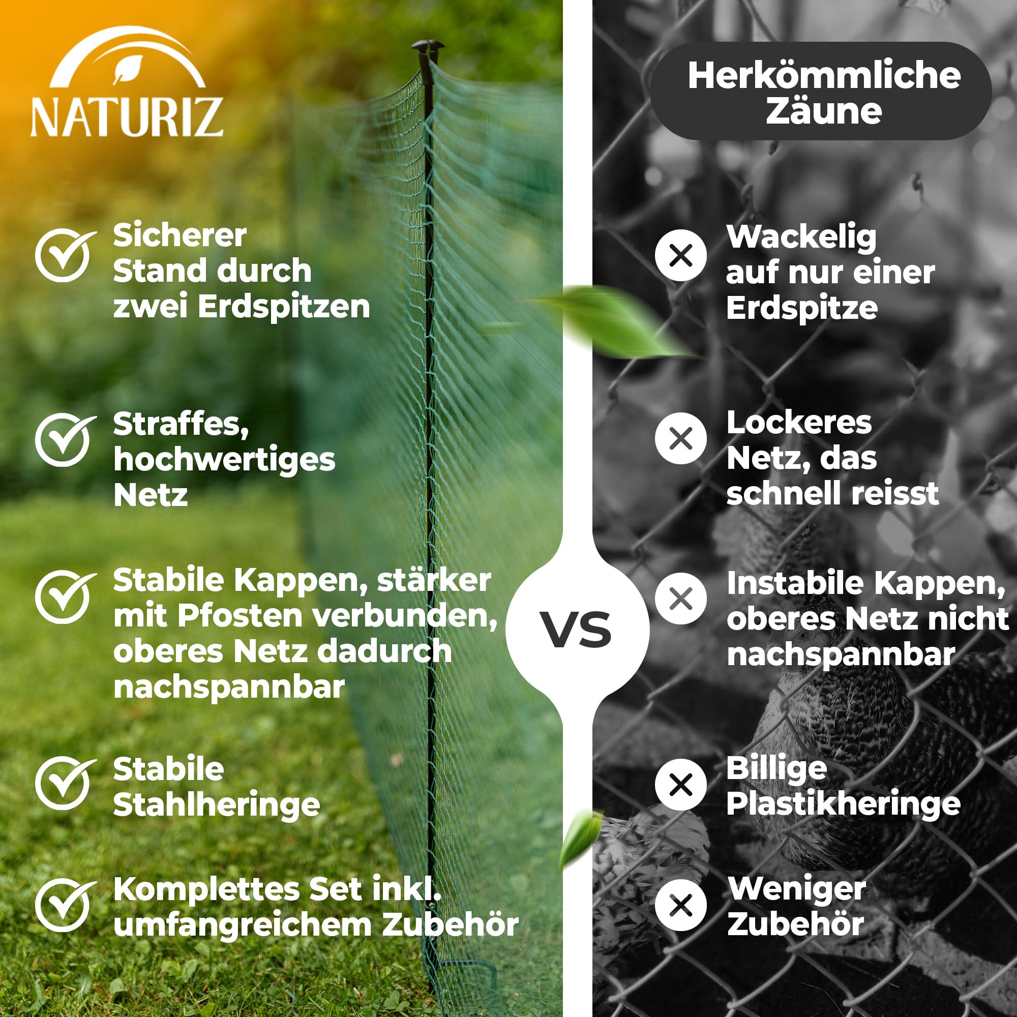 NATURIZ® Weidezaun in 50m x 90cm Komplettset - mobiler Hundezaun & Hühnerzaun extrem stabil, ohne Strom, Grün (50m)