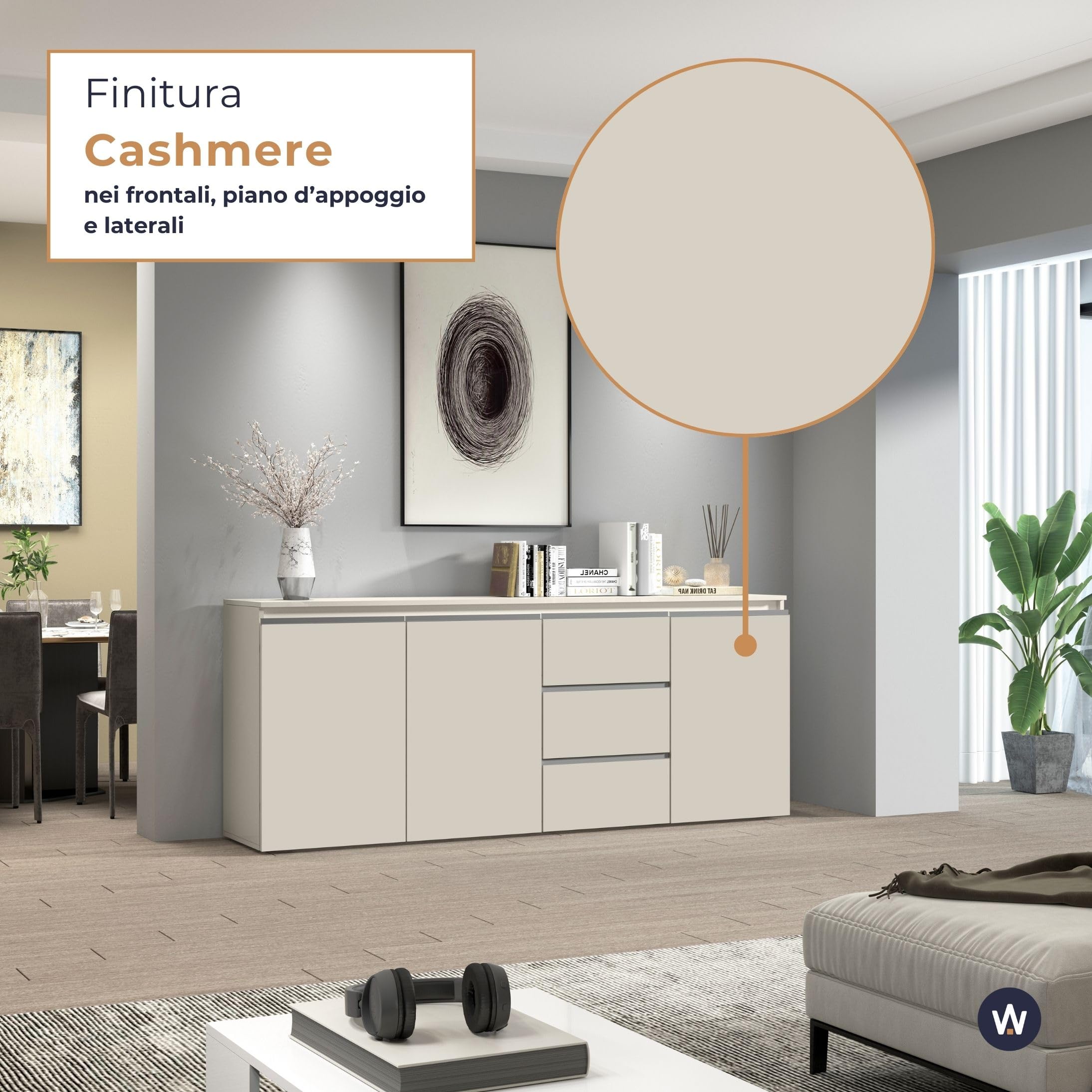 WHOUS Credenza e Buffet MAGIC per Soggiorno con 3 Ante e 3 Cassetti, Madia per Salotto, Cucina e Sala da Pranzo in Legno, 200x40x80, Cashmere