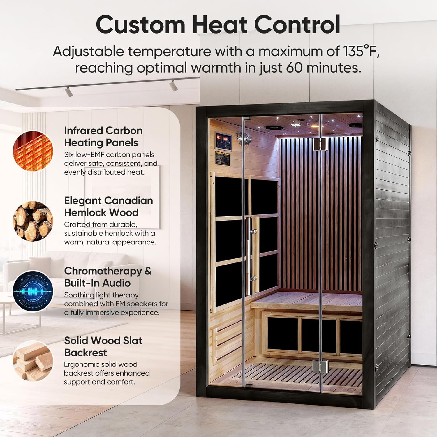 Vyre Sauna for 1-2 Person, Black – Low EMF FAR Infrared Home Sauna with Red Light Therapy and Bluetooth, Made from Canadian Hemlock Wood, 120V