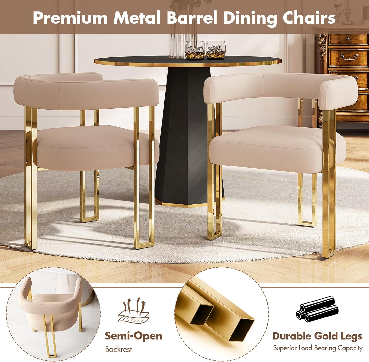 Hyfirm Velvet Dining Chairs Set of 4, Khaki Upholstered Barrel Armchairs with Gold Metal Legs for Kitchen Island, Mid Century Modern Accent Side Chairs for Dining Room and Living Room, Open-Back