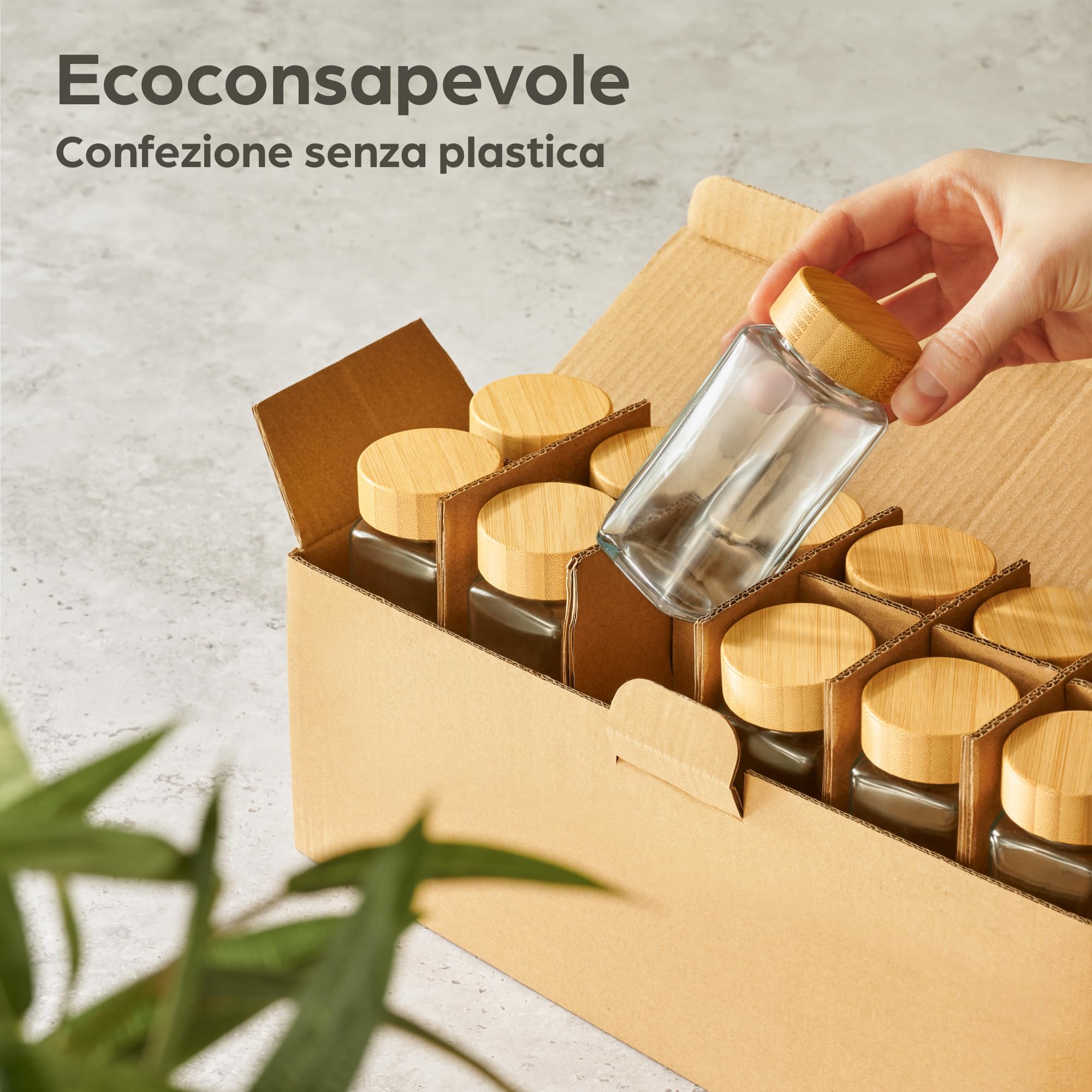 Praknu Barattoli Vetro per Spezie con Coperchi - Set da 12 - Coperchio in Bambù - 120ml - Inclusi Etichette, Spazzola & Cucchiaio in Legno - Contenitori Spezie per Cucina