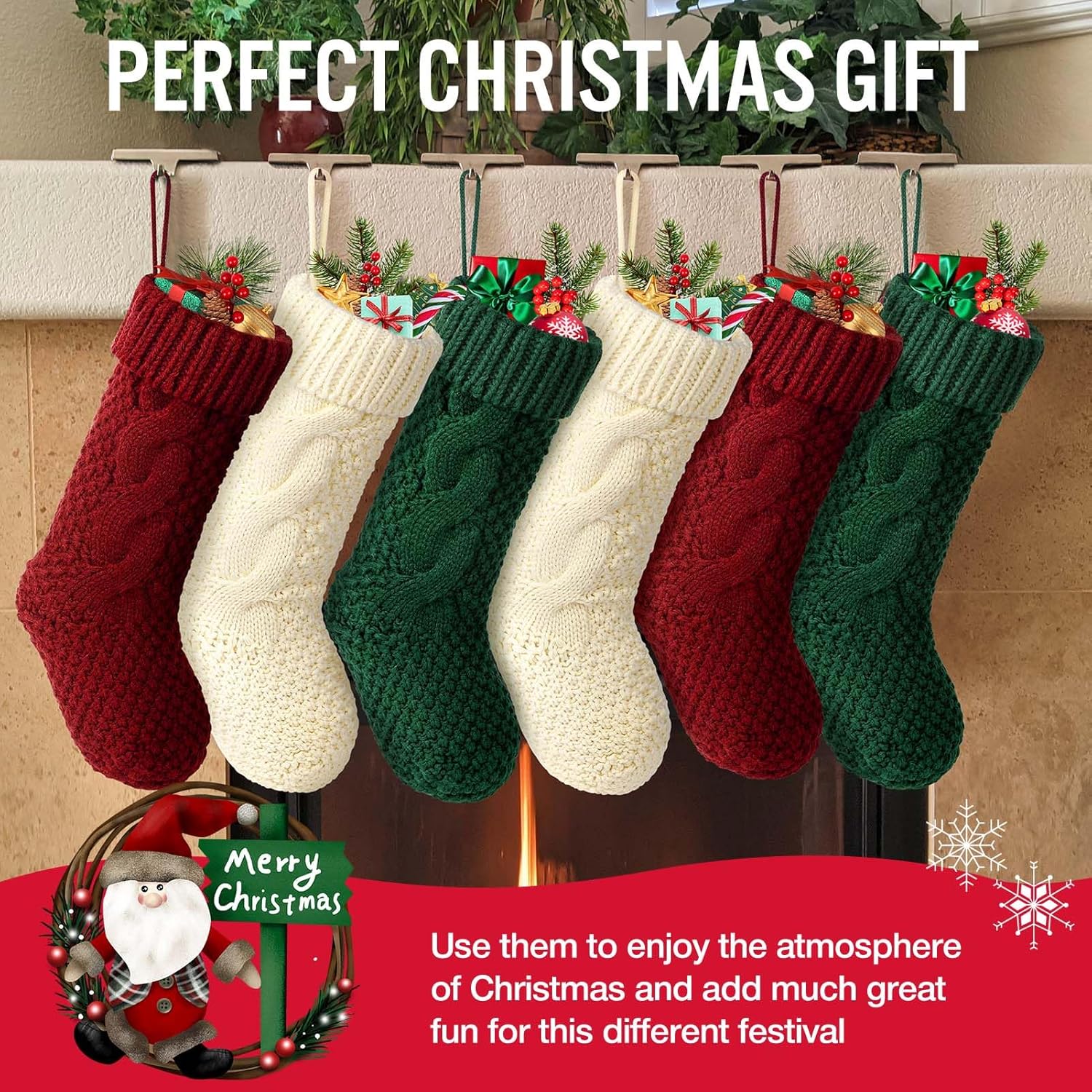 Hommtina Christmas Stockings, Personalized Christmas Stockings 18 Inches Large Size Cable Knitted Stocking Gifts (Style 3 6pcs White&red&Green)