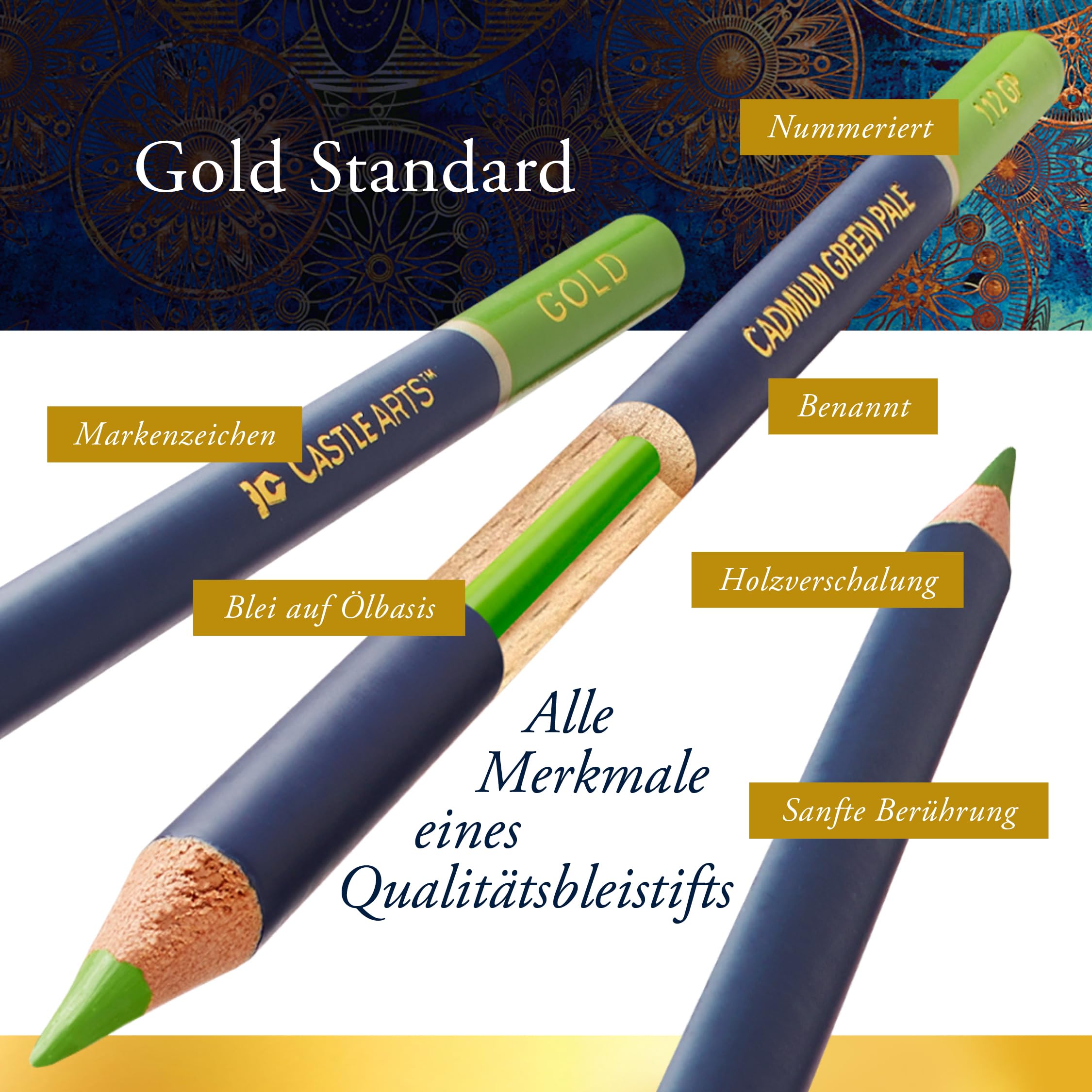 Nahaufnahme der farbigen Minen der Castle Art Gold Standard Buntstifte, die ihre cremige Textur und Pigmentierung zeigen.