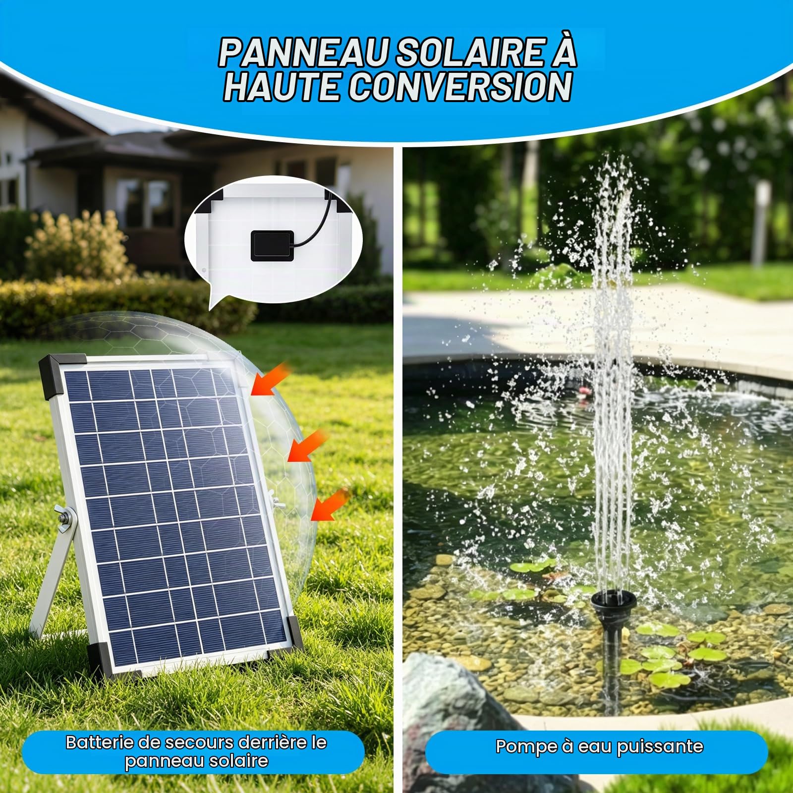 10W Fontaine Solaire, avec Batterie 1500mAh, Pompe Solaire pour Fontaine 250L/h 9 Buses Hauteur 90cm, Kit Fontaine Solaire pour Bassin de Jardin, Piscine, Aquarium, Baignoire à Oiseaux