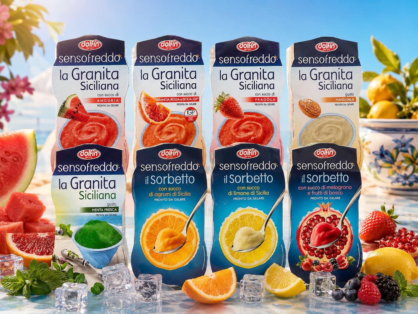 Sensofreddo Granite e Sorbetti Personalizzabili per dolfin - 7 Confezioni a Scelta tra Anguria, Limone, Agrumi, Fragola, Mandorla, Menta, Arancia Rossa e Melograno e Frutti di Bosco