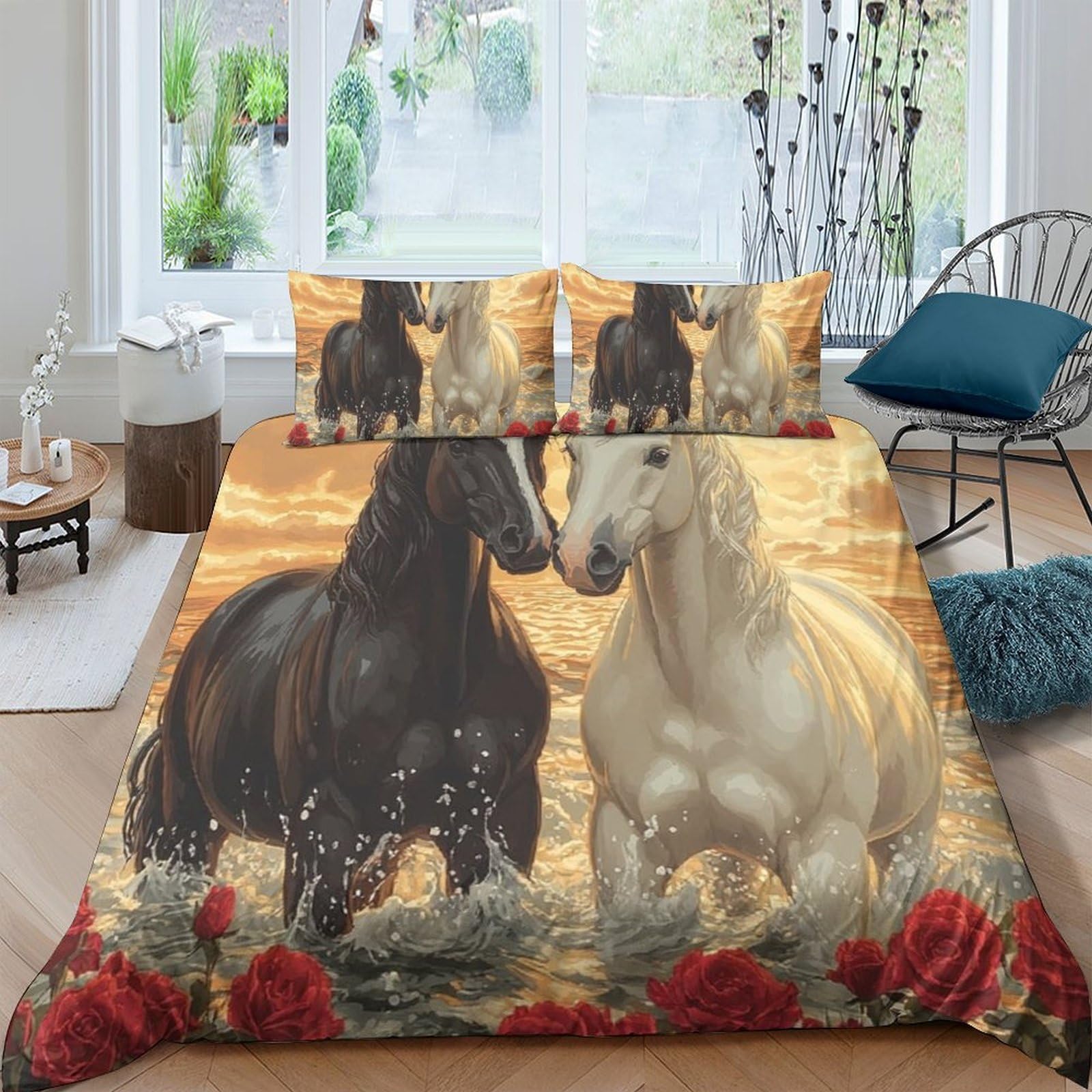 GPLZQXKJNH 3D Printed Horse Sunset Duvet Cover Microfiber Soft Breathable Galloping Stallion Bedding Set with 2 Pillowcases for Bedroom Decor, Suitable for All Ages Single（135x200cm）