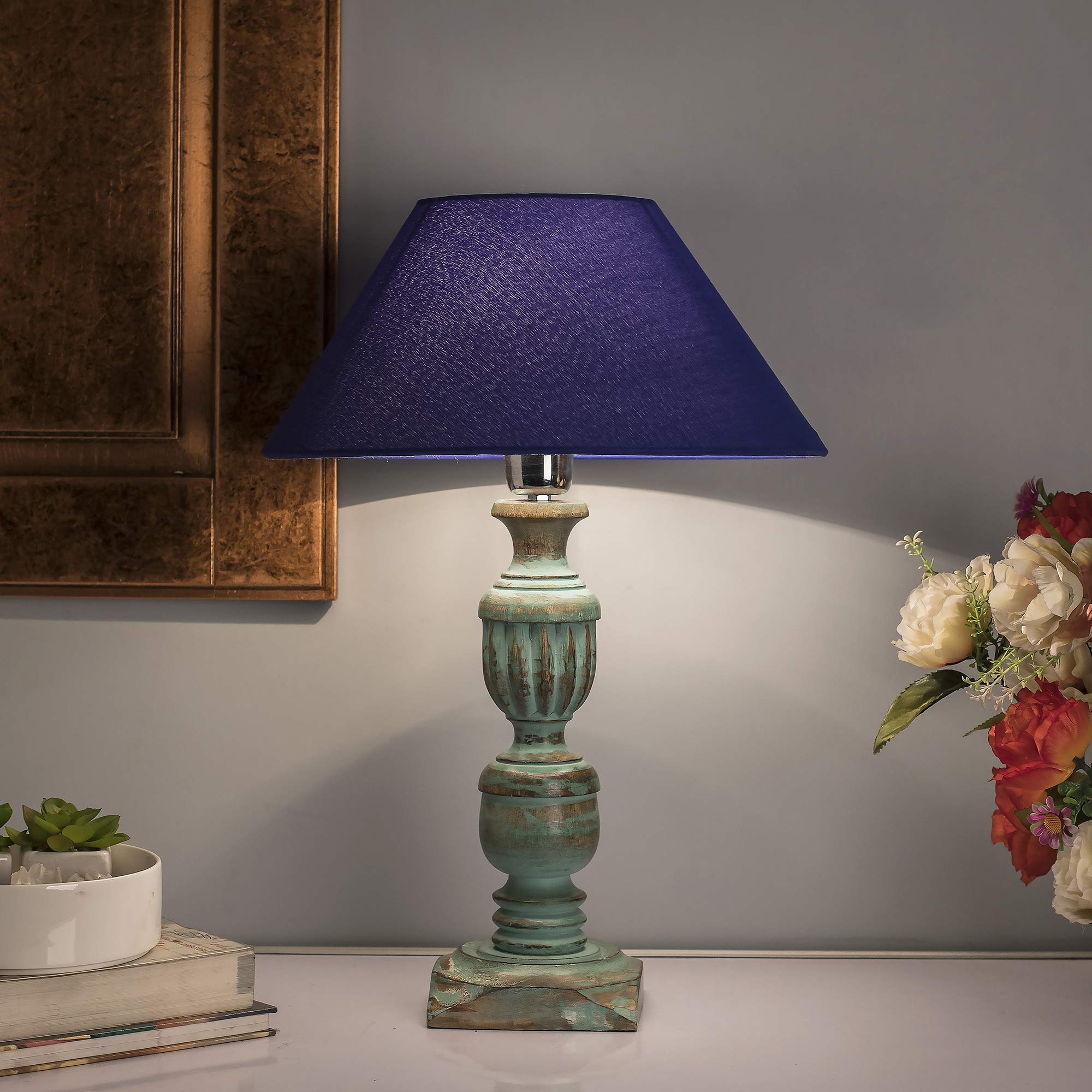 Homesake Rustic Algae French Trophy Carved Table lamp with Blue Shade.