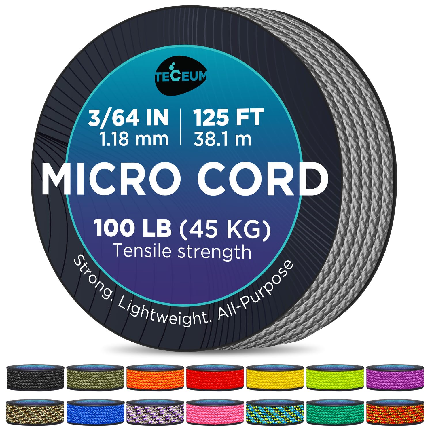 TECEUM Micro Paracord 1.18mm - Gray 38m - Thin Braided Cord Crafting DIY — image 1