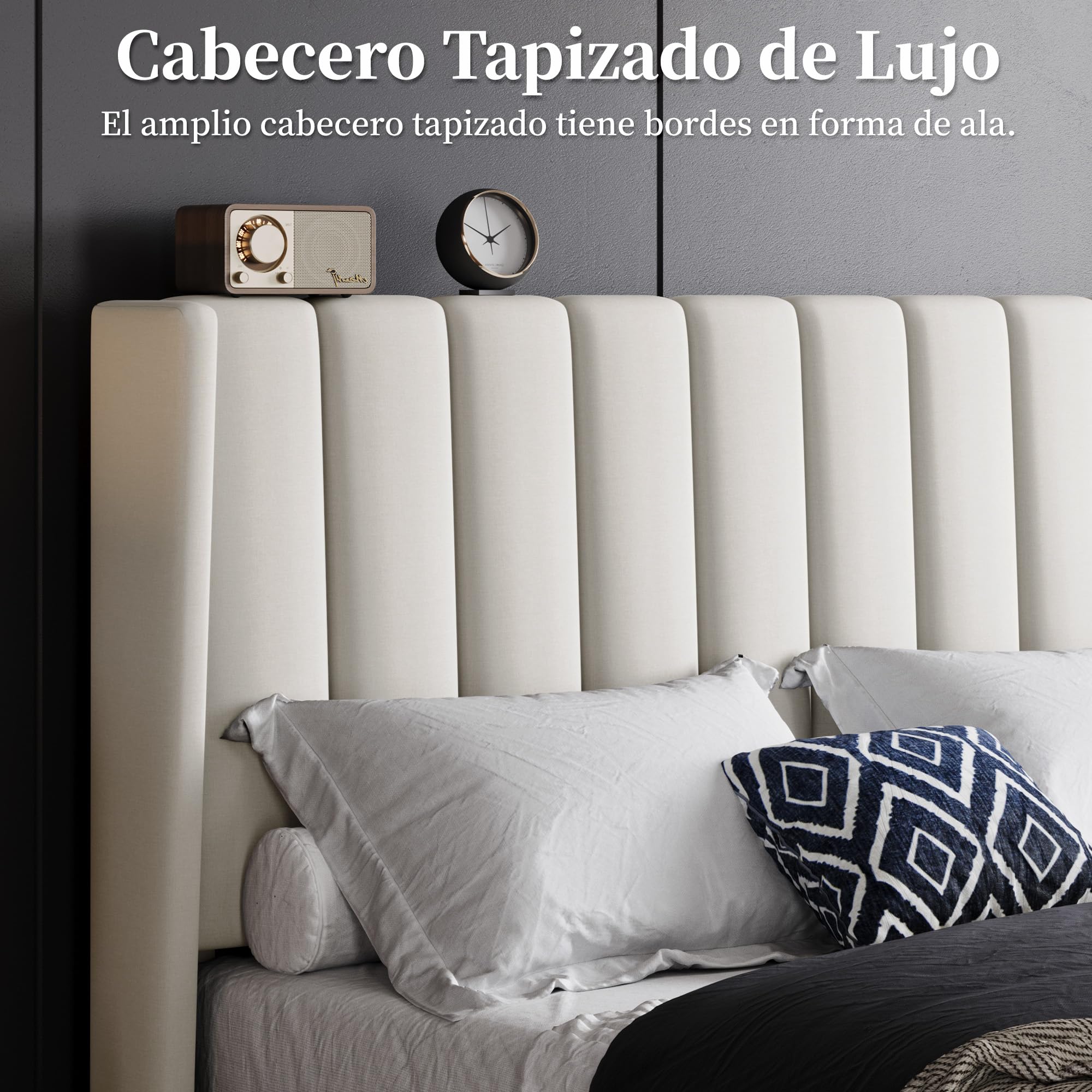 Yaheetech Cama Doble Tapizada 140 x 200cm con Somier de Lamas con Cabecero Rayado Moderno Estructura de Madera y Metal Marco de Cama para Adultos 2 Personas Beige