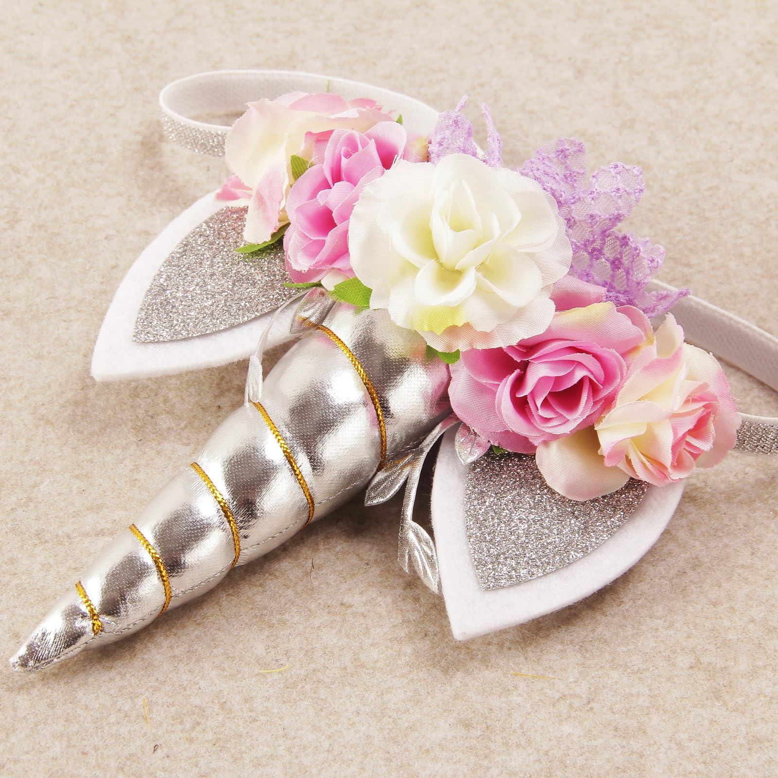 Nishine Roses Floral Unicorn Horn Headband Elastic Baby Girls Unicorn Hairband Party Supplies (Silver&Ivory) - Image 3