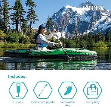INTEX Challenger Inflatable Kayak Series: Includes Deluxe 86in Kayak Paddles and High-Output Pump SuperStrong PVC Adjustable Seat with Backrest Removable Skeg Cargo Storage Net