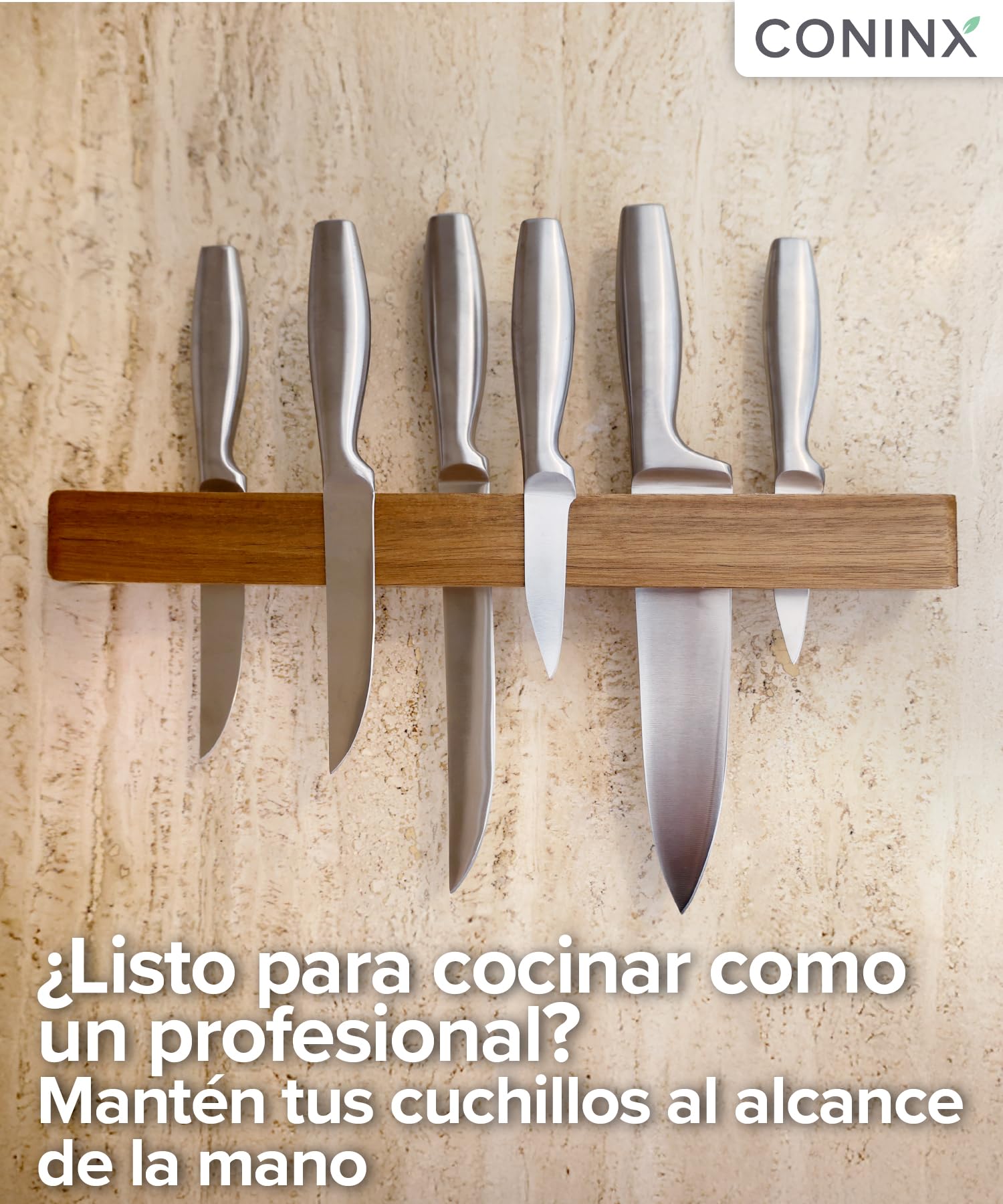 Coninx Barra magnética de pared doble imán de madera de acacia - 40 cm portacuchillos con tornillos y tacos - Carril imán potente para utensilios de cocina elegante y ahorro de espacio