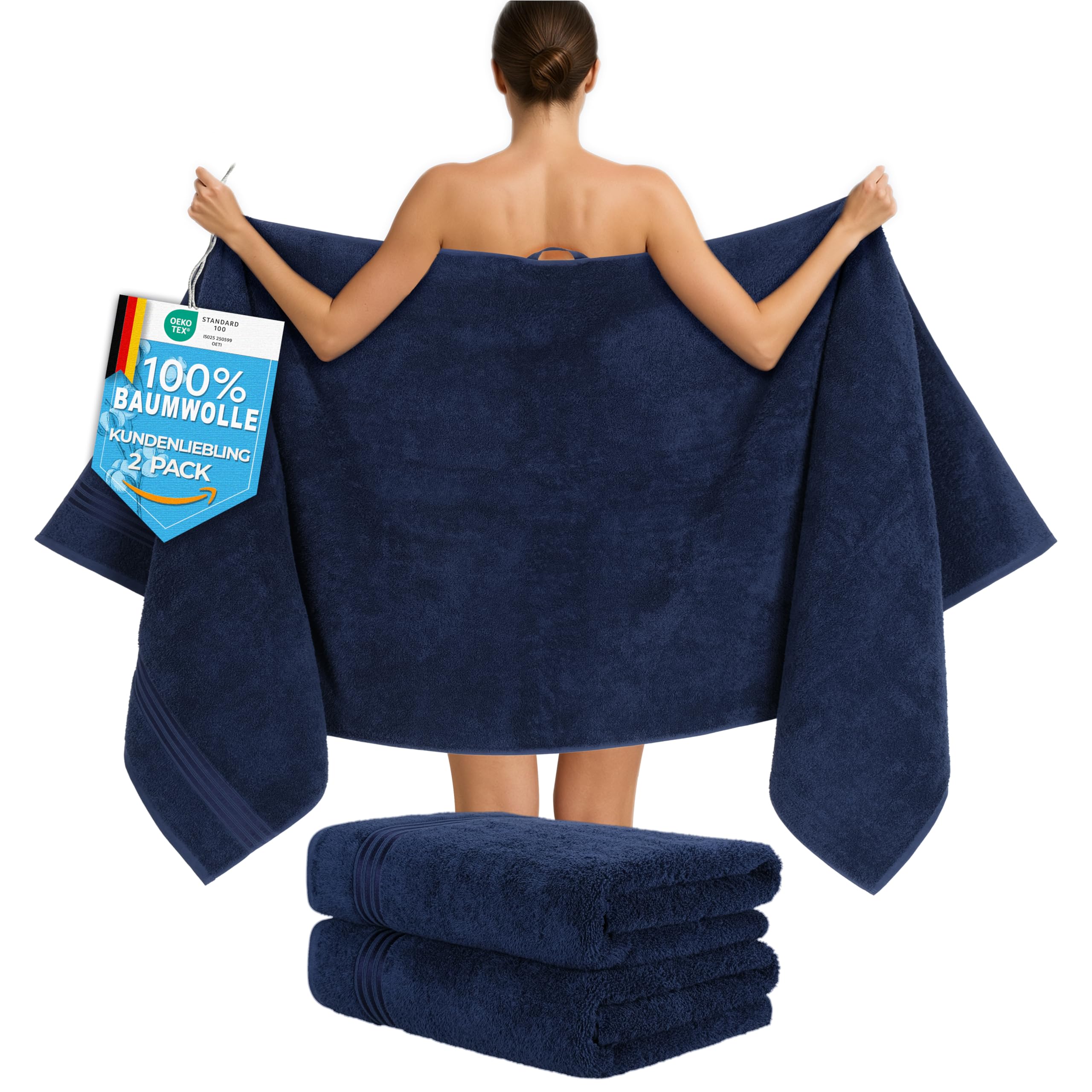 Hammetex Saunahandtücher 80x200 cm 2er Set – Extra Große Duschtücher – 100% Baumwolle Frottier – Oeko-TEX Zertifiziert – Weich, Saugstark – mit Aufhänger, Dunkelblau