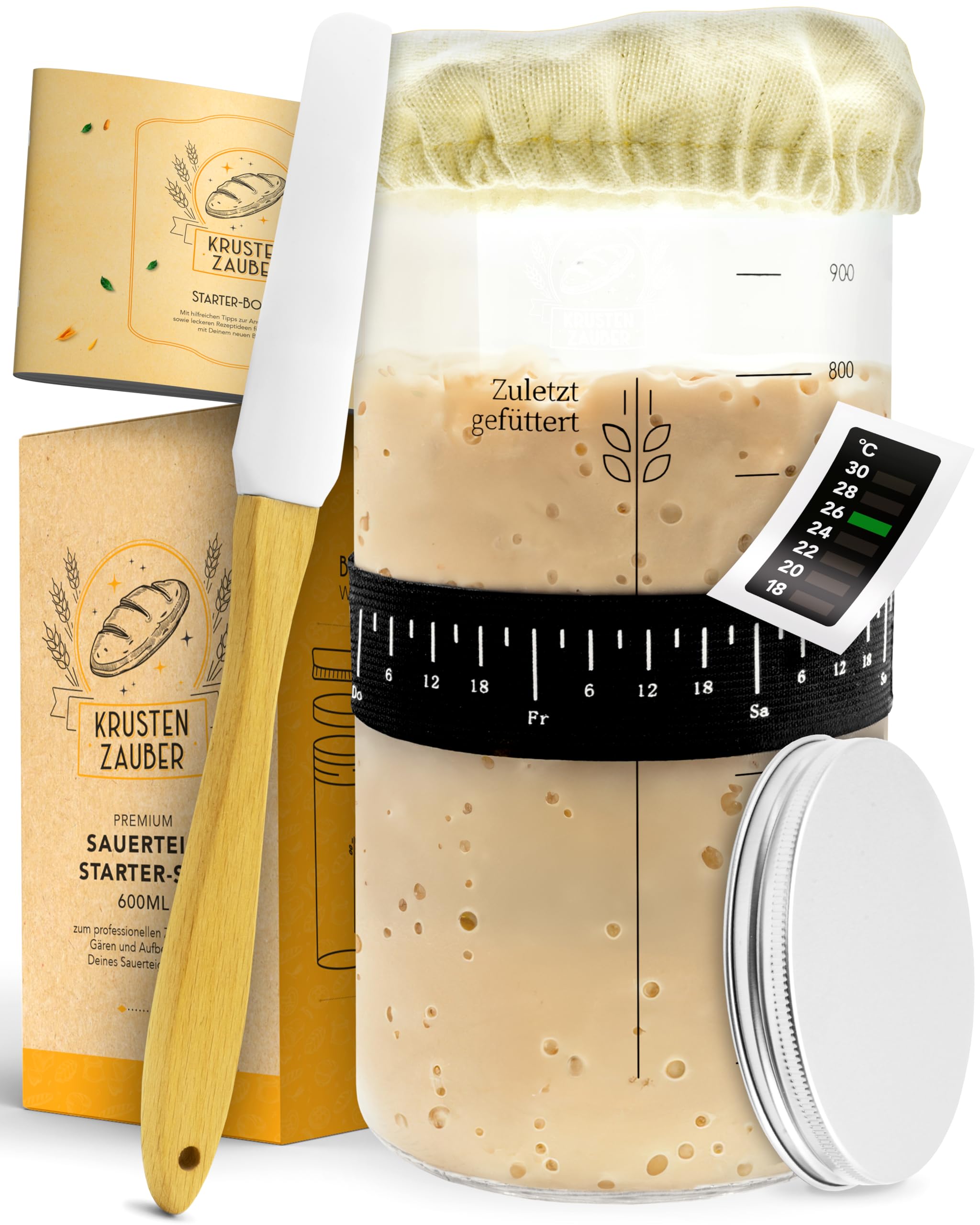 Kit Démarrage Levain HuhWafee - Bocal Verre 900 Ml, Couvercle Bois, Spatule, Thermomètre, Tissu, Réutilisable Kit Levain