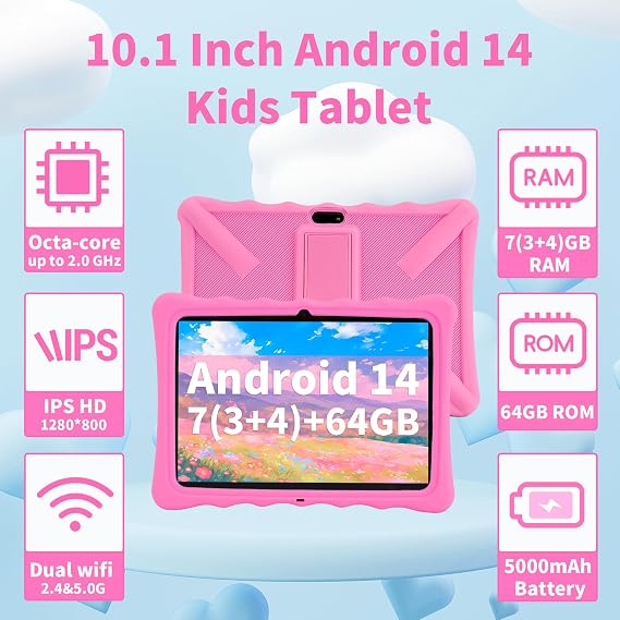 Veidoo Kids Tablet - 10.1 Inch IPS Eye-Care Screen, 7GB (3+4) RAM 64GB ROM 512GB Expandable, Dual Camera, WiFi 6, Octa-Core Parental Control Tablet  with Silicone Protective Cover(Pink)