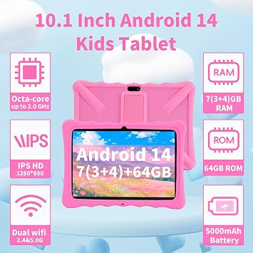 Veidoo Kids Tablet - 10.1 Inch IPS Eye-Care Screen, 7GB (3+4) RAM 64GB ROM 512GB Expandable, Dual Camera, WiFi 6, Octa-Core Parental Control Tablet with Silicone Protective Cover(Pink)