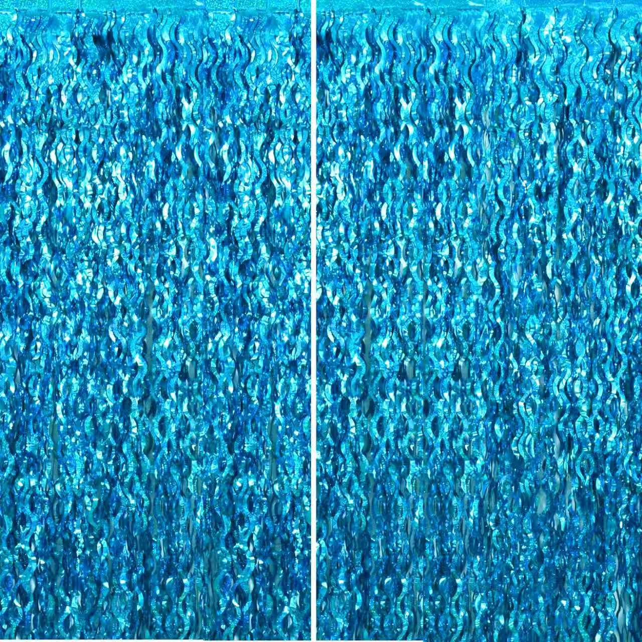 TONIFUL 2Pcs Wavy Teal Blue Metallic Foil Fringe Curtain Laser Streamers | 3.3ftx6.6ft Ocean Themed Party Photo Booth Backdrop Door Streamer, Props for Bachelorette Under the Sea Birthday Beach Decor