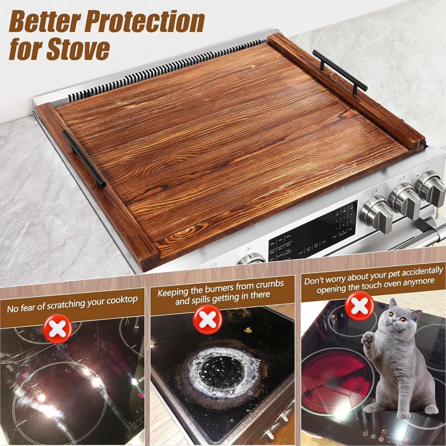 ( different color ) WAUTENANTY Noodle Board Stove Cover, Thick Wood Stove Top Cover Board with Handles Crafted from Solid Pine Wood, Stove Top Covers for Electric Stove & Used As A Sink Cover for Counter Space(Burlywood)