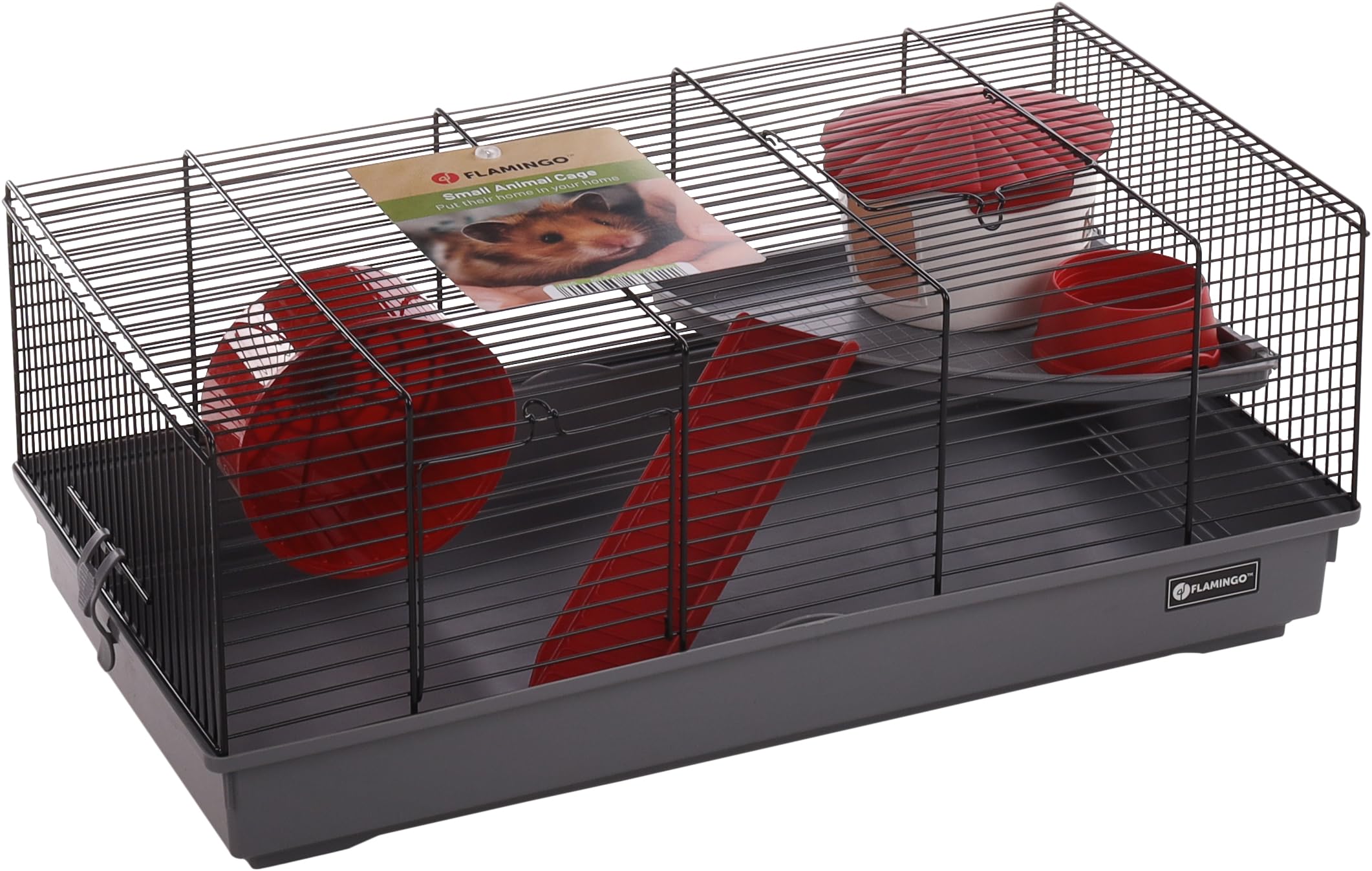 Flamingo - Gabbia per criceto Jing - Compatta e ben attrezzata - Nero/Grigio, 58 x 31,5 x 22,5 cm