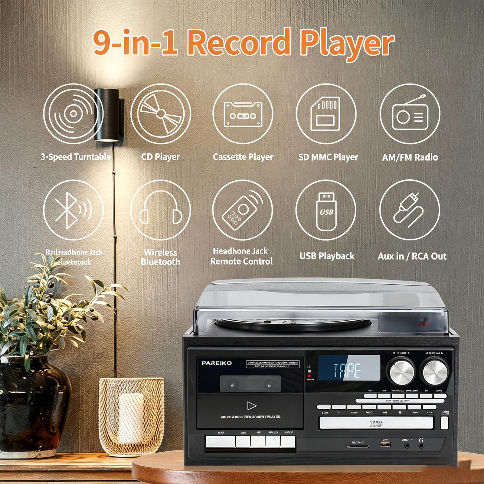 Gramofon Winylowy, Retro Gramofon Bluetooth, Gramofon Vintage Z 3 Prędkościami Bluetooth, Odtwarzacz Kaset Cd, Radio Am/fm, Nagrywarka Usb, Wejście Aux, Do Domowej Rozrywki