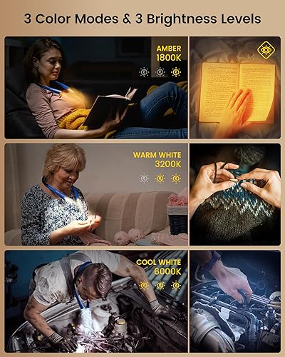 Vista 51 de Glocusent - Luz de lectura para el cuello, 3 colores, 6 niveles de brillo, brazos flexibles, recargable, larga duración, perfecta para leer