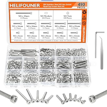 HELIFOUNER 490 Pieces M3 x 4mm /6mm /8mm /10mm /12mm /14mm /16mm /18mm /20mm /25mm / 30mm, Hex Socket Head Cap Metric Screws Bolts Washers Nuts Kit, 304 Stainless Steel