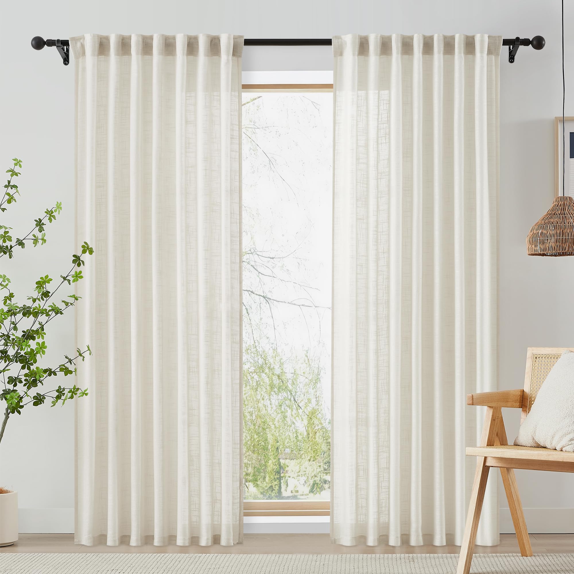 Fmfunctex Beige Pencil Pleat Sheer Curtains for Living Room 90 Drop Linen Textured Rod Pocket Curtains for Bedroom Semi Sheer Light Filtering Window Curtain Drapes for Dining Room 2 Panels