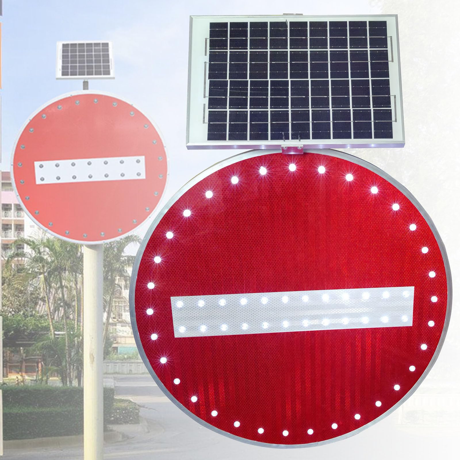 Señal de Prohibición de Paso Solar, 60cm/76cm Señal de Tráfico Redonda, Cumpliendo EN 12899-1, Señal LED Impermeable (Rojo, 76cm)