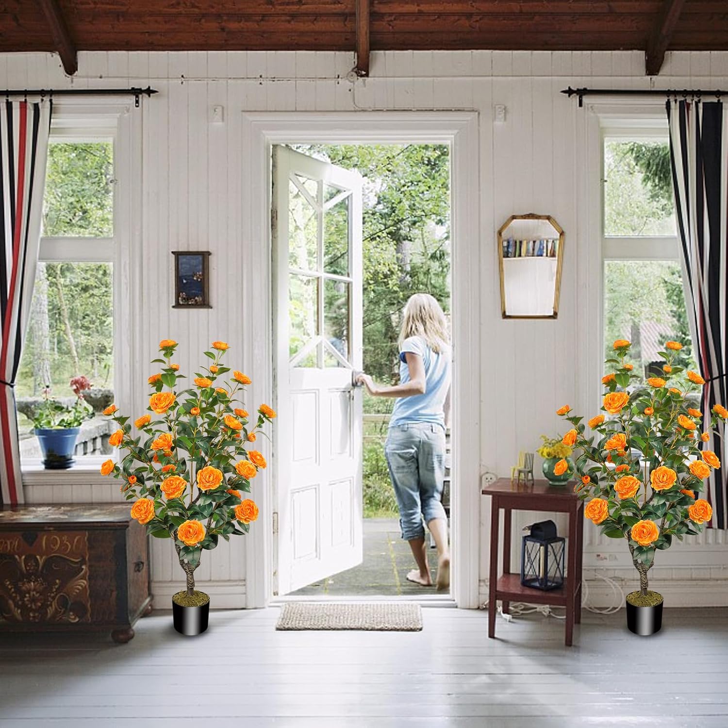 2 Pack 43.3"/3.6FT Artificial Tree with Camellia Flowers Fake Tree with 32 Blooming Flowers Orange Tree for Spring Home Front Door Outdoor Indoor Decor (Including Dried Moss) - Image 7