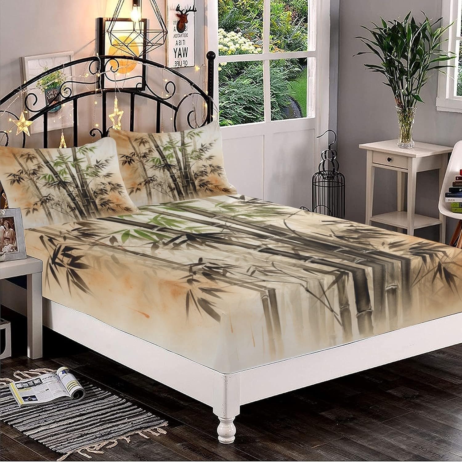 Sabana Bajera 135x190 Bambú Zen Sabanas Bajeras Estampadas Retro Sábana Bajera Ajustable Suaves, Elastico Funda Colchon con 2 Funda Almohada 50x80 cm, para Colchón de 30cm de Altura