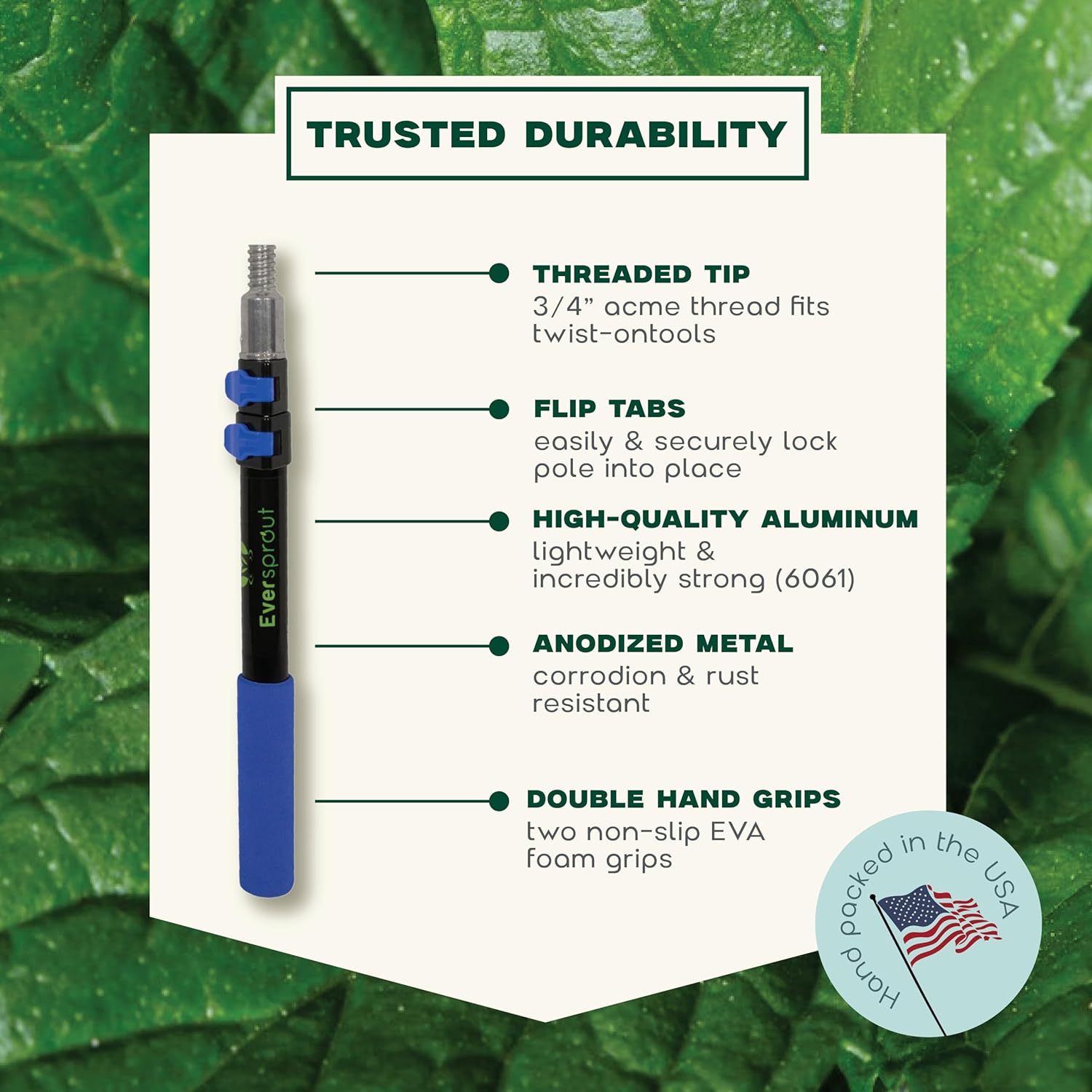 Size 5 to 12 EVERSPROUT Pro Pole, 5-to-12 Foot Heavy Duty Extension Pole (3-Stage), Lightweight Anodized Aluminum, Telescoping Pole - Fits Standard ACME Threaded Adaptor for Cleaning, Squeegee, Bulb Change & More