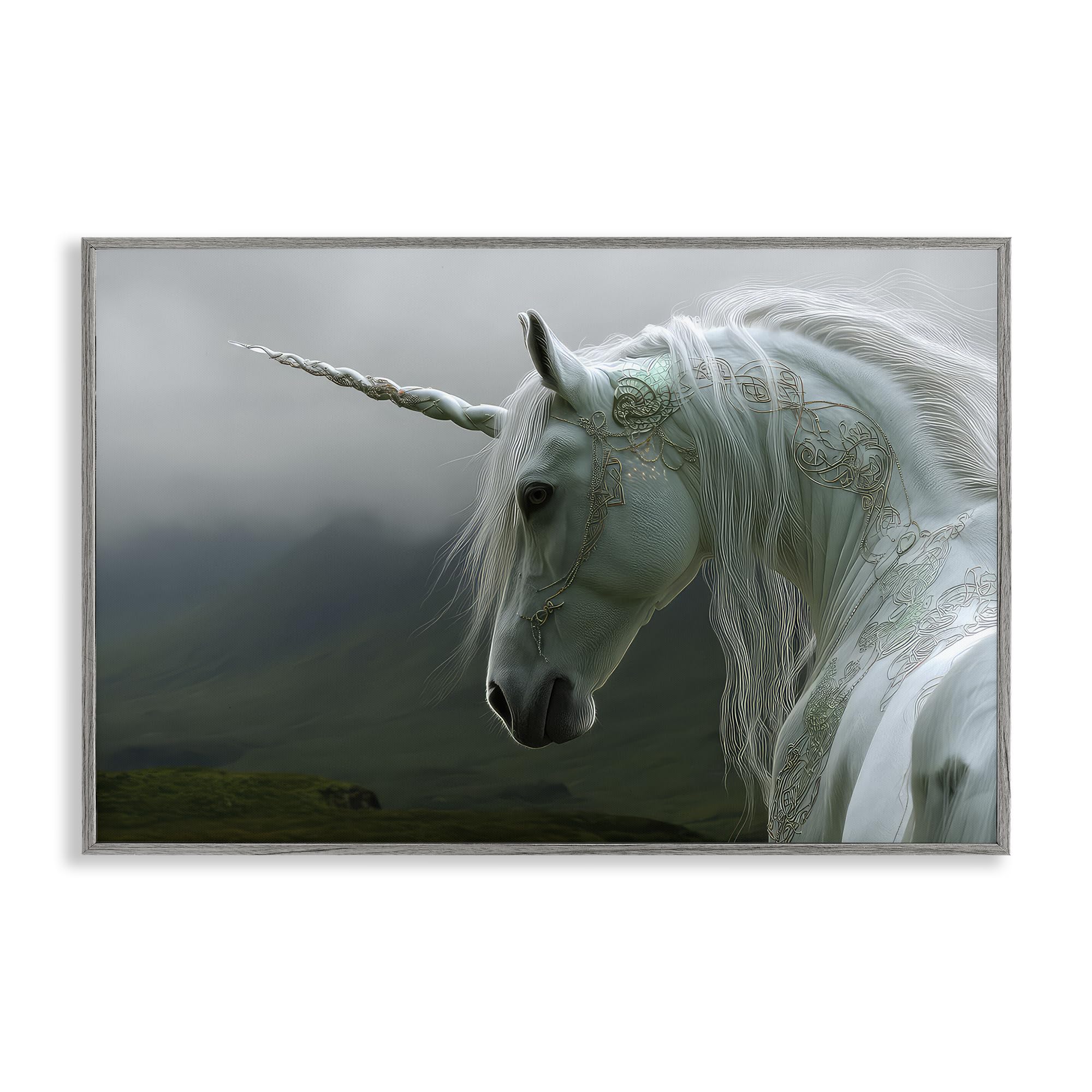 Stupell Industries Farmhouse Gray (Textured) Dreamy Celtic Unicorn Fantasy, 16 X 24 Inch Framed Giclée Print