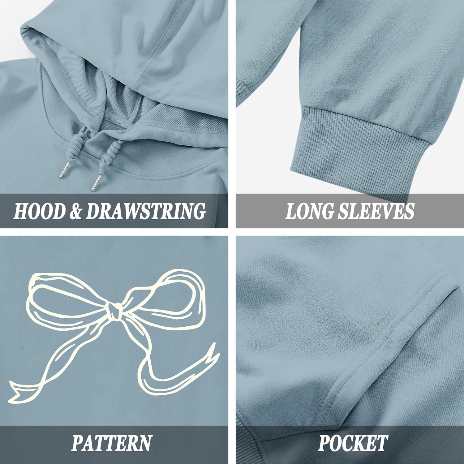Bow Cute Hoodie for Teen Girls Graphic Hoodies Preppy Trendy Sweatshirt Aesthetic Print Casual Pullover Sweatshirts(Bluegray,XL) - Image 7