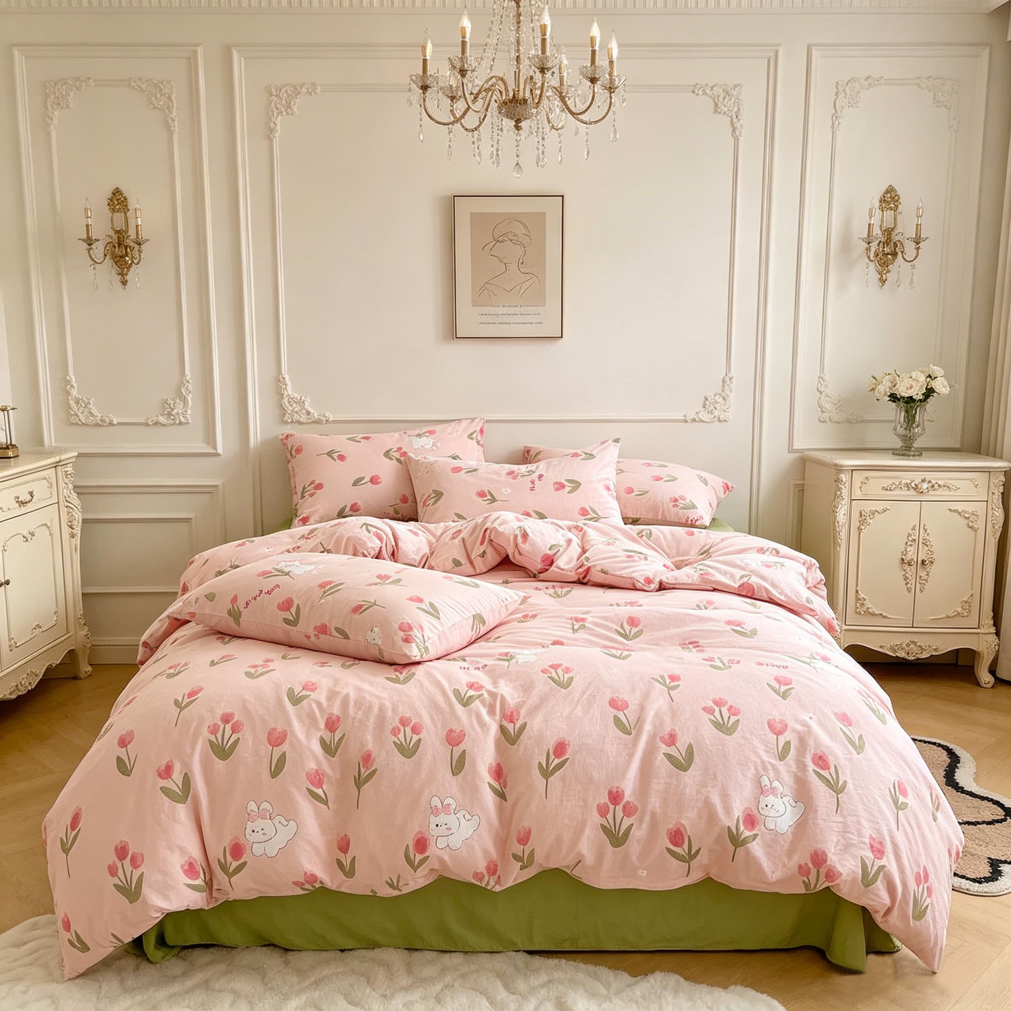 Housse de couette 260x240 motif kawaii rose avec parure de lit 3 pièces grand lit