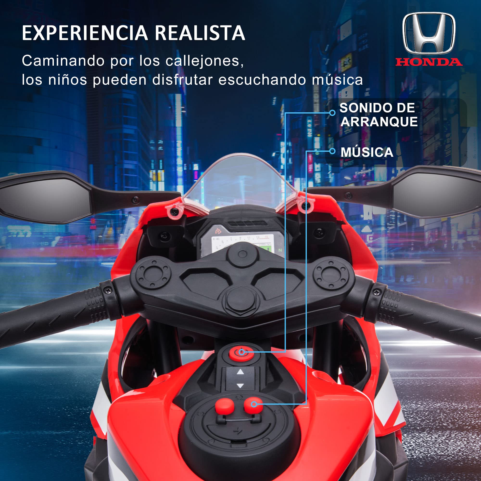 HOMCOM Moto Eléctrica con Licencia Honda para Niños de 3-5 Años Moto a Batería 6V con Faro Bocina Música y Ruedas Auxiliares Extraíbles Carga 30 kg 90x44x52 cm Rojo
