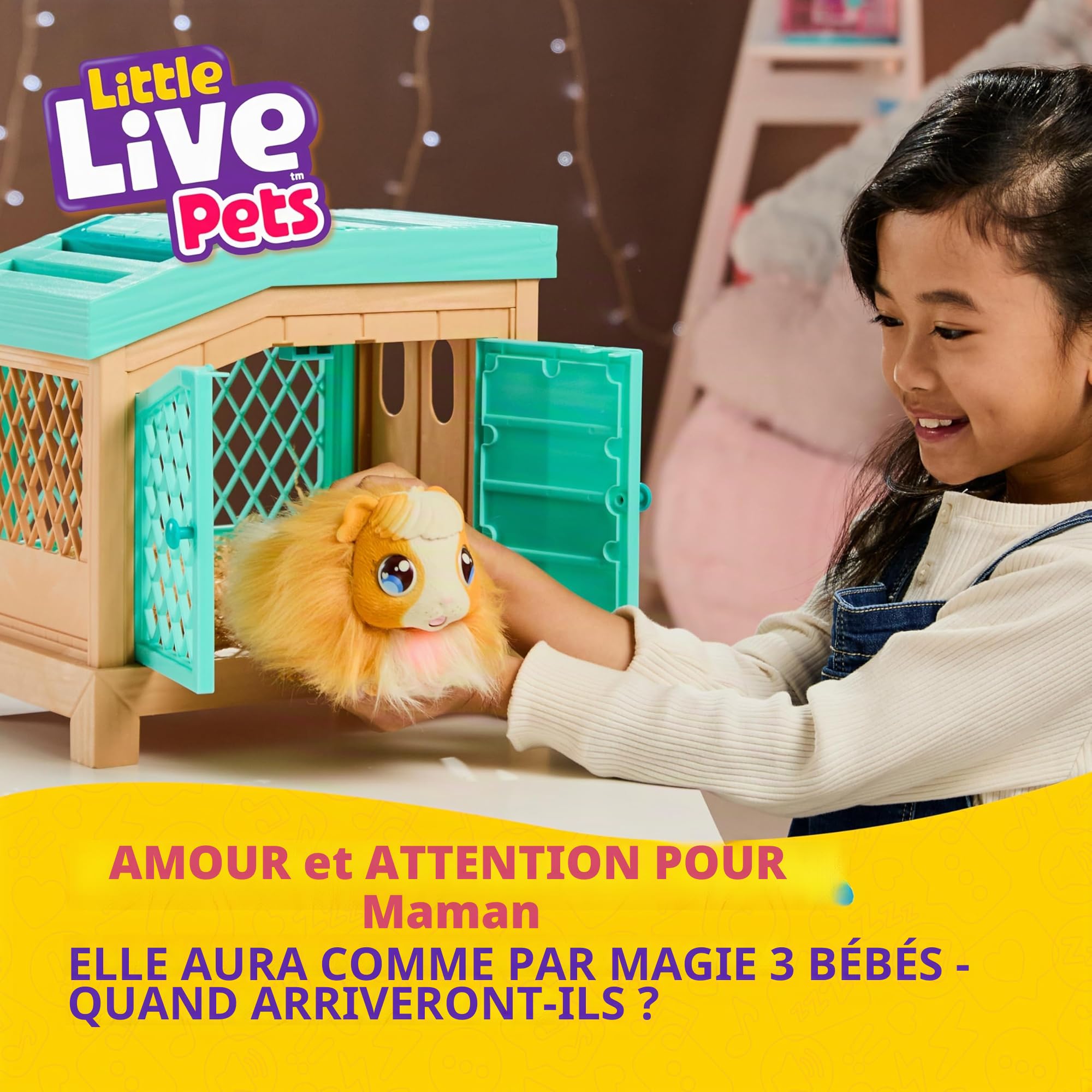 LLP Little Live Pets Mama Surprise Maman Cochon d’Inde Interactive Pelage Doux avec Clapier et 3 Bébés Surprises Sons et Réactions