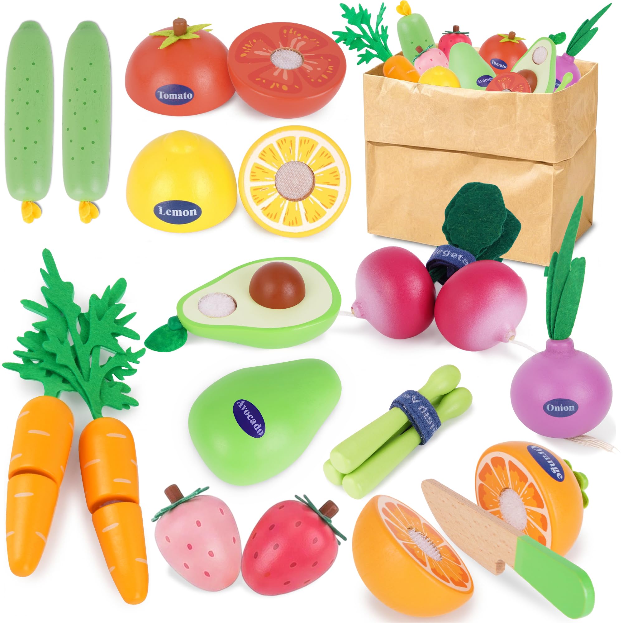 Wooden Fruit & Vegetable Play Food Set for Kids kitchen Accessories - Toddler Montessori Play Kitchen Food Toys, Wooden Cutting Toy with Storage Bag, Grocery Pretend Play Gifts for Boys Girls Ages 3+