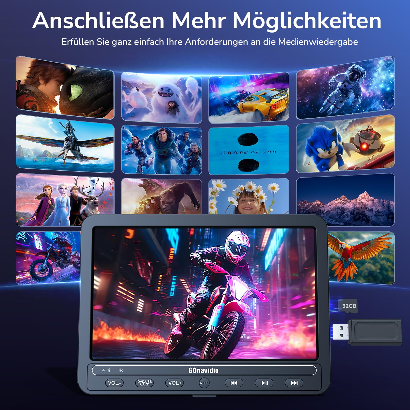 10,5 Zoll Auto DVD Player mit 5 Stunden Akuu, HDMI-Eingang, Kopfhörer, Auto TV Monitor Rücksitz für Kinder, Unterstützung von USB/SD