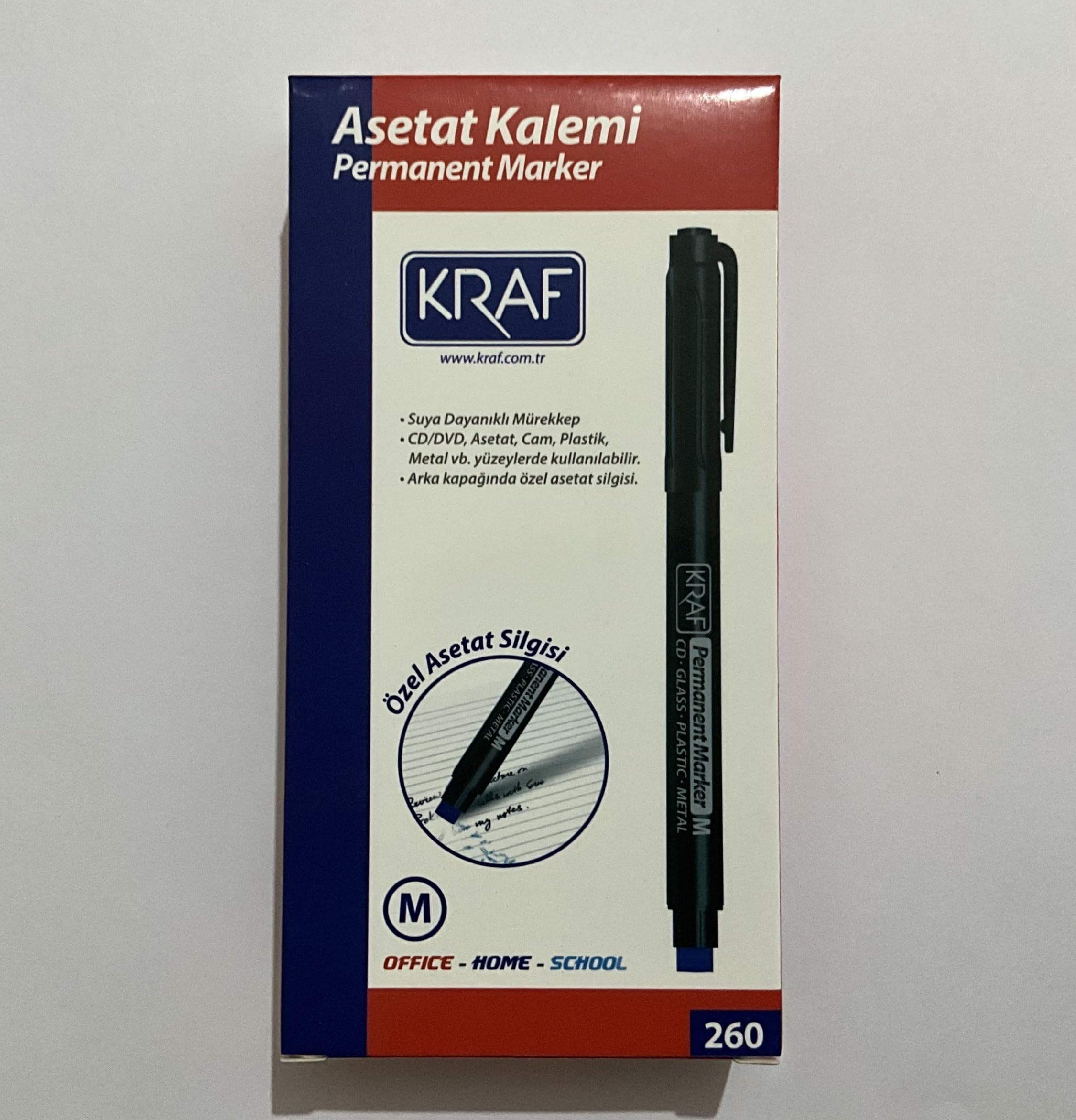 Kraf Permanent Marker, Mavi, Orta Uç (M), Silgili, CD/DVD/Cam/Plastik/Metal Yüzeyler İçin, 12'li Paket