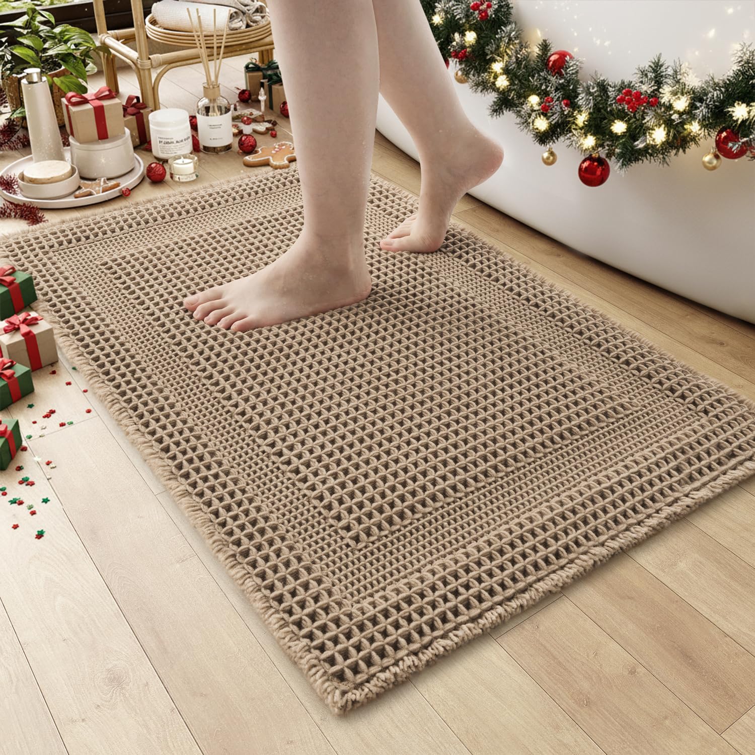 AMOAMI Waffle Bath-Mat Absorbent Bath Mats for Bathroom Non Slip Machine Washable Bathroom Rugs with Tassels Ultra Soft