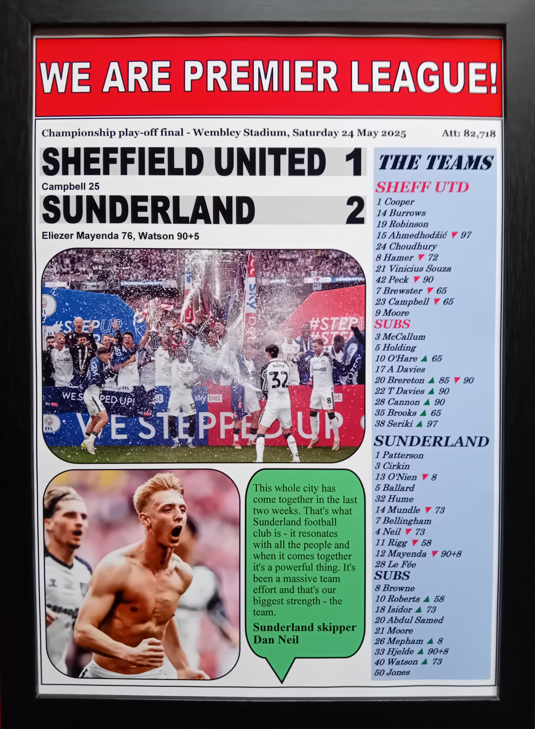 Assorted Multicoloured Sheff Utd 1 Sunderland 2-2025 Championship Play-Off Final - Sunderland Promoted - Framed Print