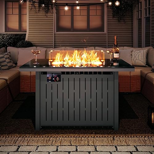 Miniatura 8 de LAUSAINT HOME Mesa para fogata de propano de 43 pulgadas con tapa, fogatas de gas de 55,000 BTU para patio exterior con protector de viento de
